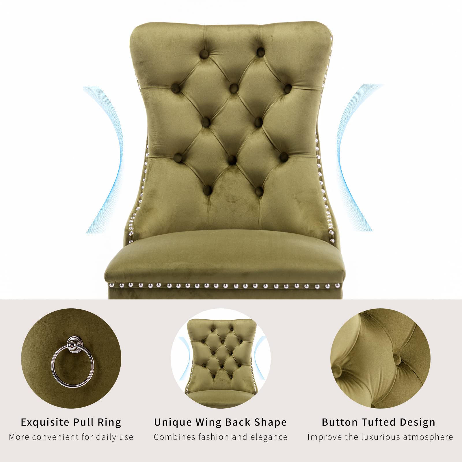 Luxury Velvet Dining Chairs Set of 2 - Tufted Upholstered Kitchen & Dining Room Chairs with Solid Wood Frame (Olive Green) - Perfect for Modern Home, Restaurant, and Office Decor