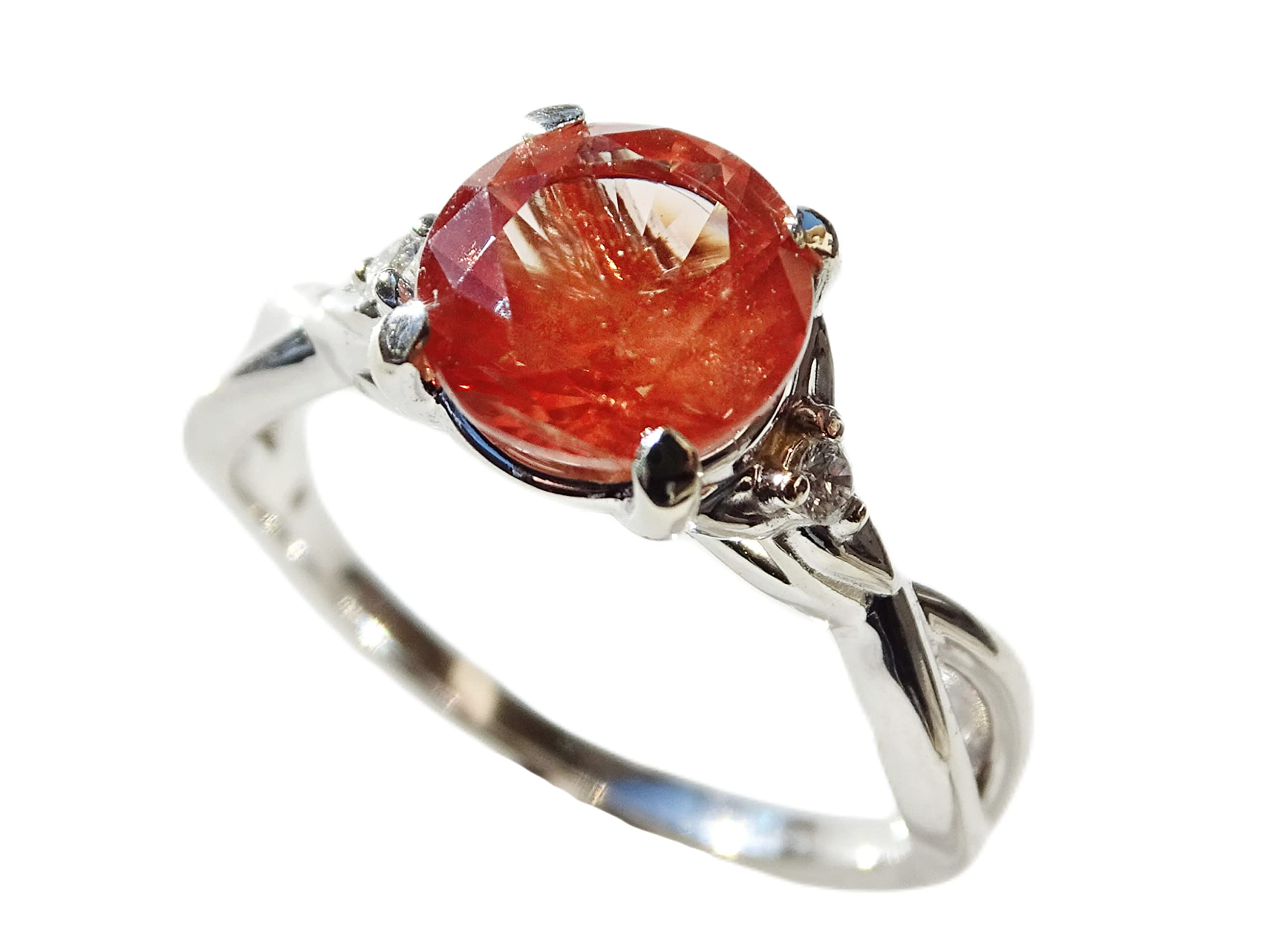 Oregon Sunstone Ring in White Gold - Diamond Accented Sunstone Engagement Ring with Schiller Effect, Elegant Three Stone Jewelry for Women | Perfect Anniversary Gift for Her, Ideal for Weddings, Proposals, and Special Occasions