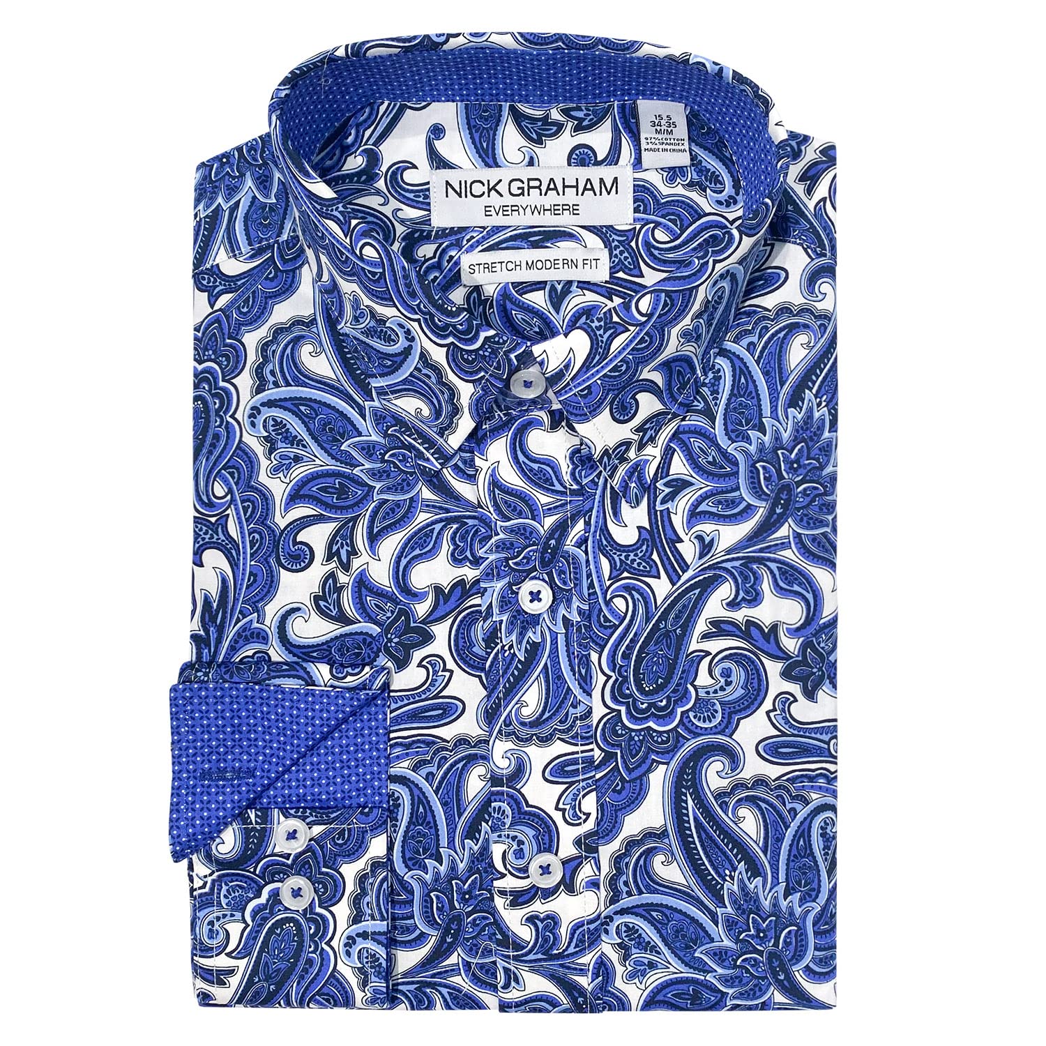 Nick Graham Men's Long Sleeve Paisley Dress Shirt - Wrinkle Free Performance Fabric Business Casual Shirt for Office, Wedding & Formal Events