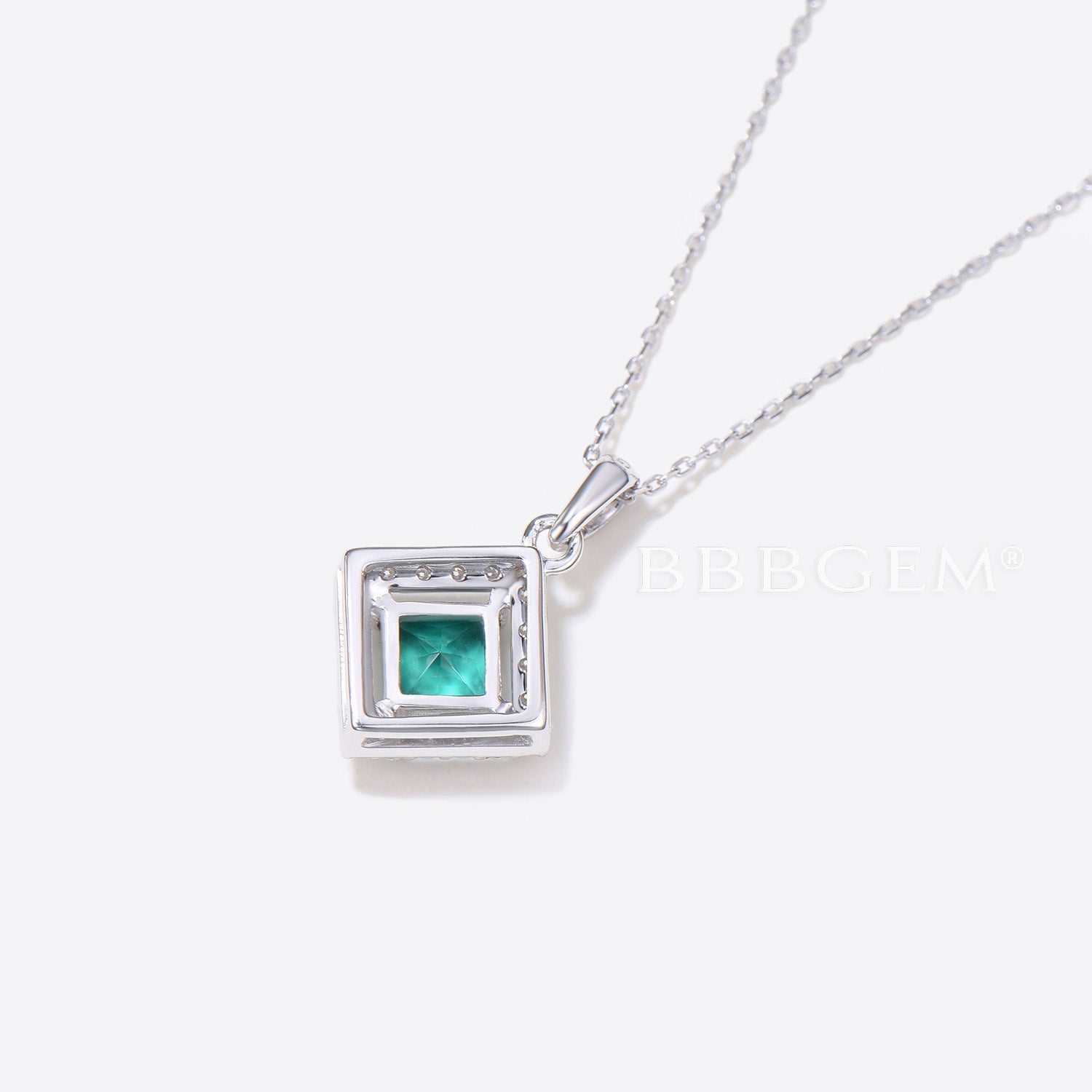 Princess Cut Green Emerald Pendant with Diamond Halo - Elegant Wedding Necklace for Bride, Anniversary Gift, Special Occasion Jewelry