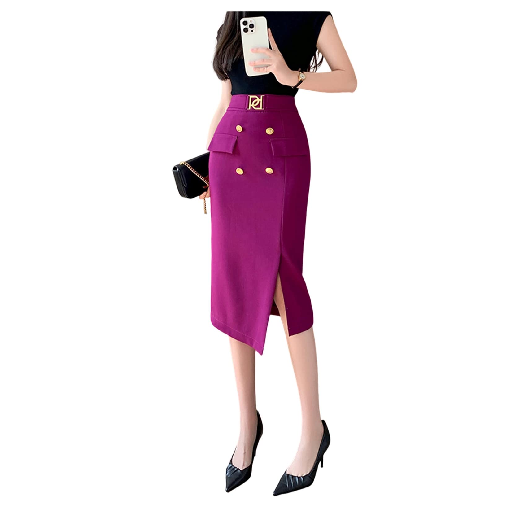 Women's High Waist Slim Pencil Skirt with Slit & Decorative Metal Belt - Solid Color Midi Skirt for Office, Work, Party & Formal Occasions