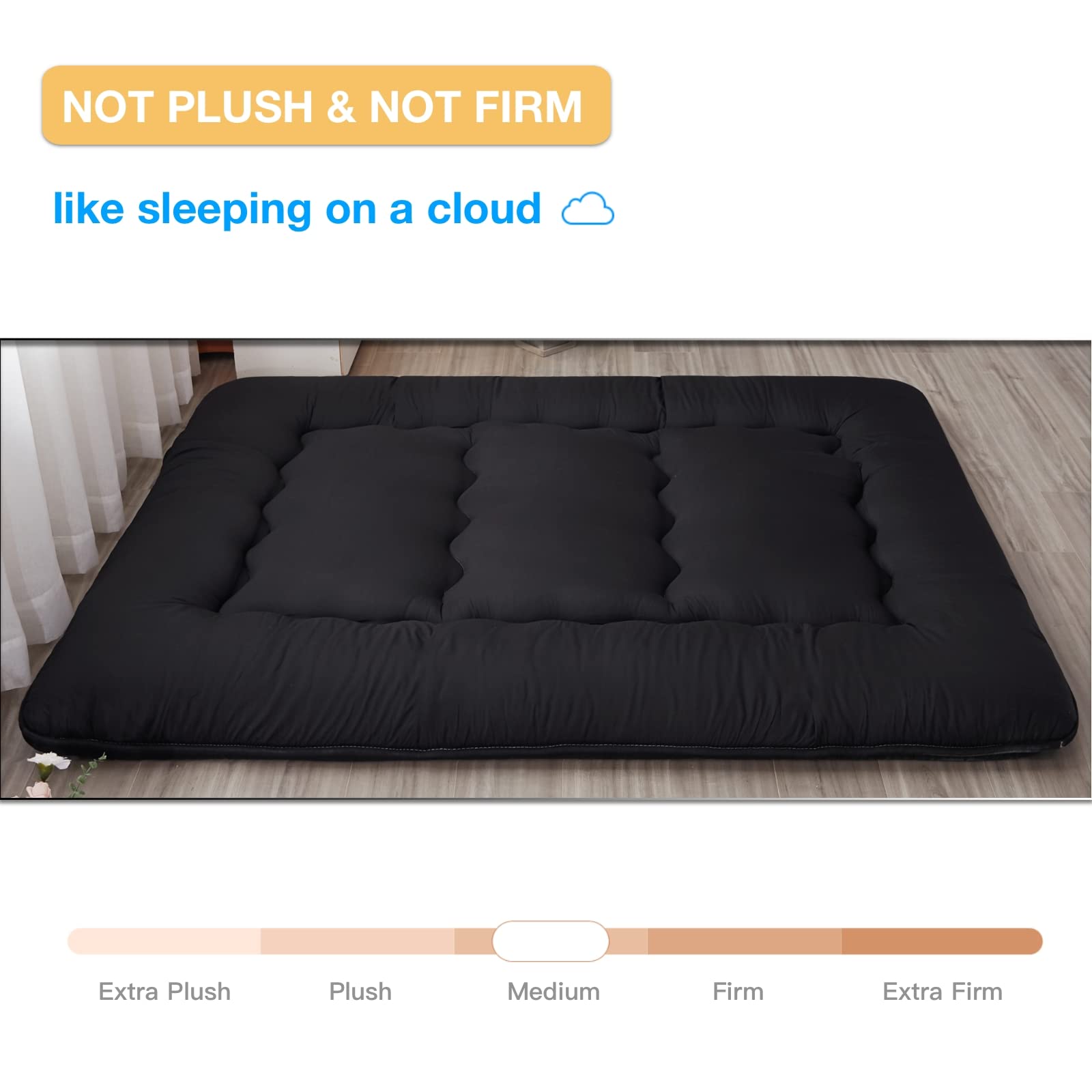 Japanese Floor Futon Mattress - Thick Foldable Tatami Sleeping Pad for Kids & Adults, Washable Cover - Black Queen Size for Dorm, Bedroom, or Guest Room