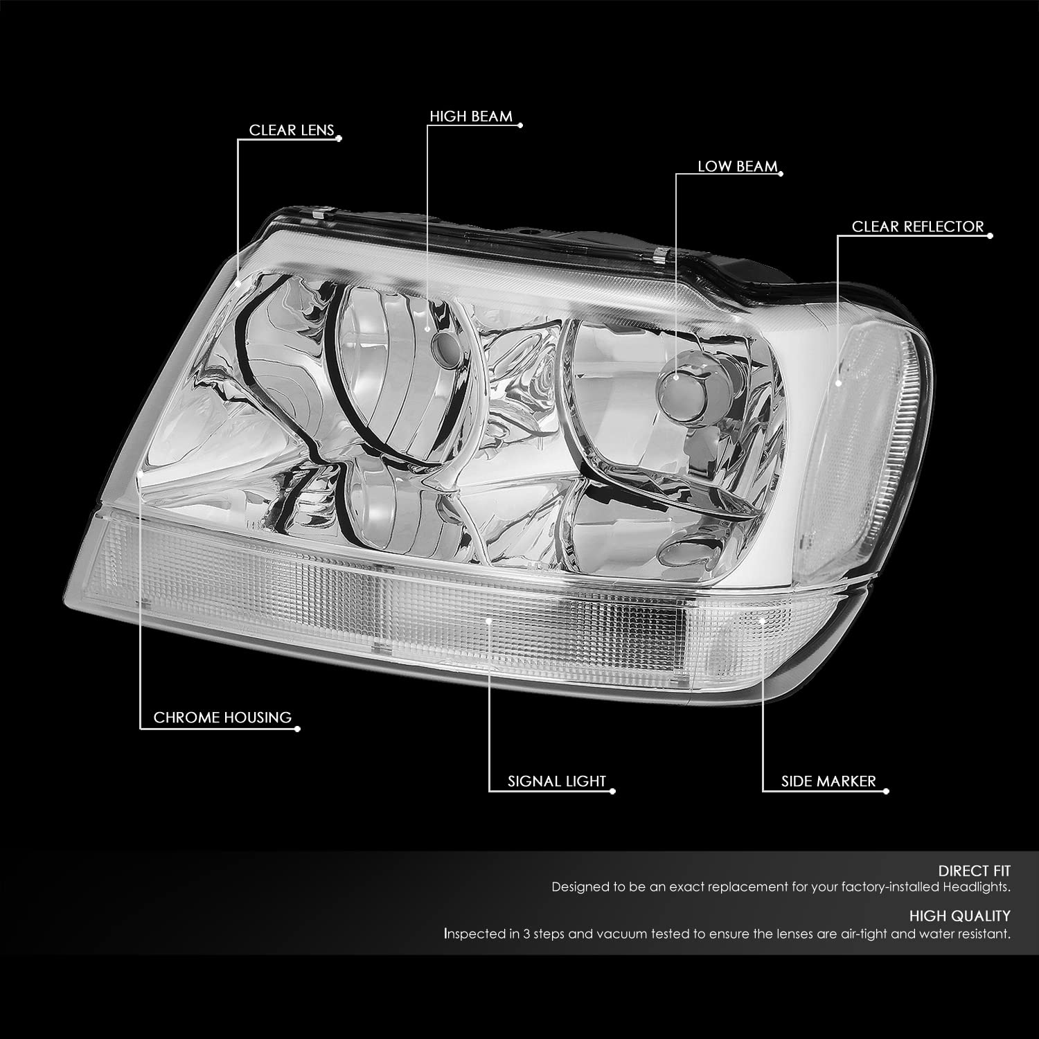 Auto Dynasty Chrome Housing Clear Corner Headlight Lamps with Tool Kit - Compatible with Jeep Grand Cherokee WJ 1999-2004 | Improved Visibility & Style Upgrade for Off-Road Adventures