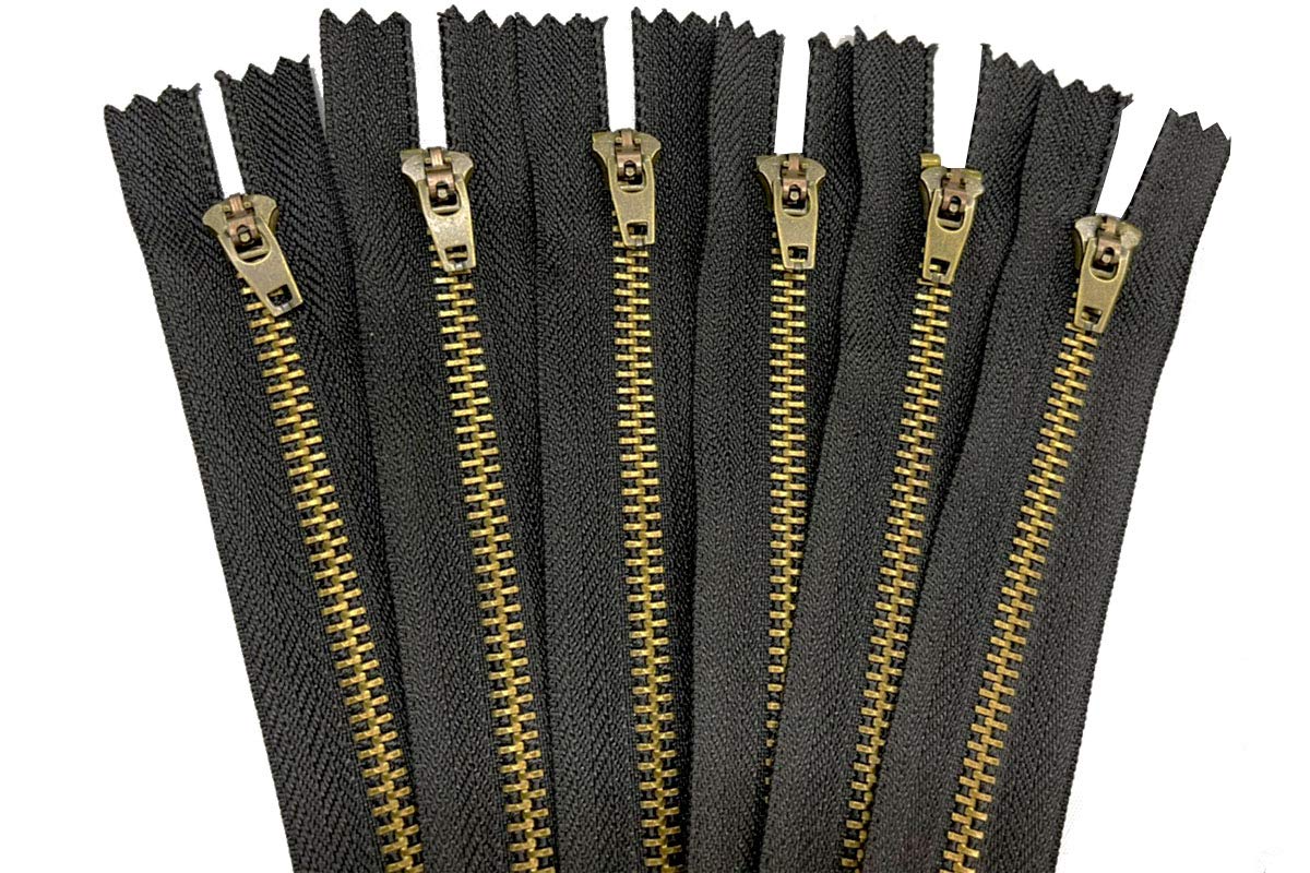 AMORNPHAN 6-Pack Heavy Duty 5 Inch Metal Zippers - #5 Black Tape with Antique Brass Teeth & Spring Lock Slider for Jeans, Denim Pockets, Clothing & Sewing Crafts (5