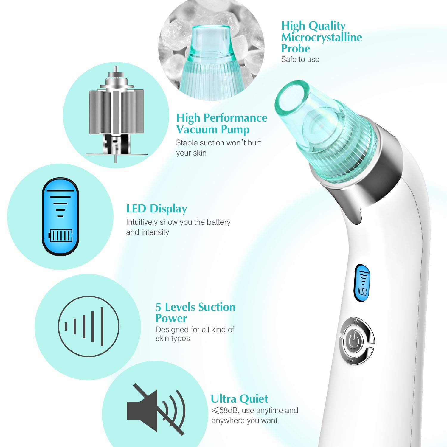 USB Rechargeable Blackhead Remover Vacuum - 5-Level Adjustable Pore Cleaner with 4 Replacement Probes for Acne & Comedone Extraction | Perfect for Home Skincare Routine & Facial Treatment