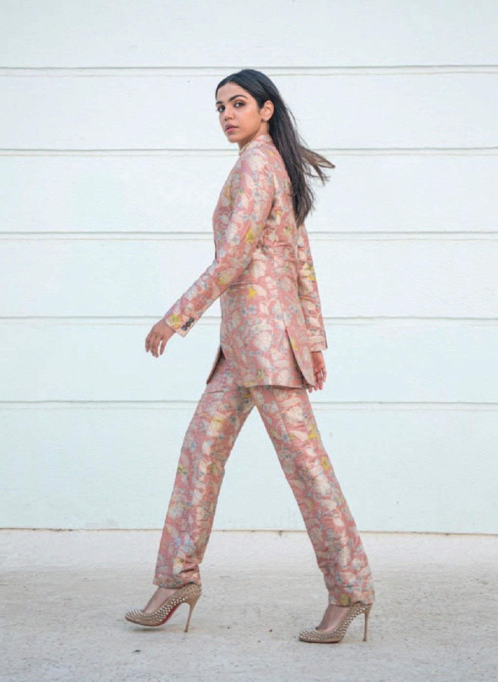 Double Breasted Silk Brocade Blazer in Salmon Pink | Women's Formal Business Jacket | Perfect for Office Wear, Weddings & Special Occasions