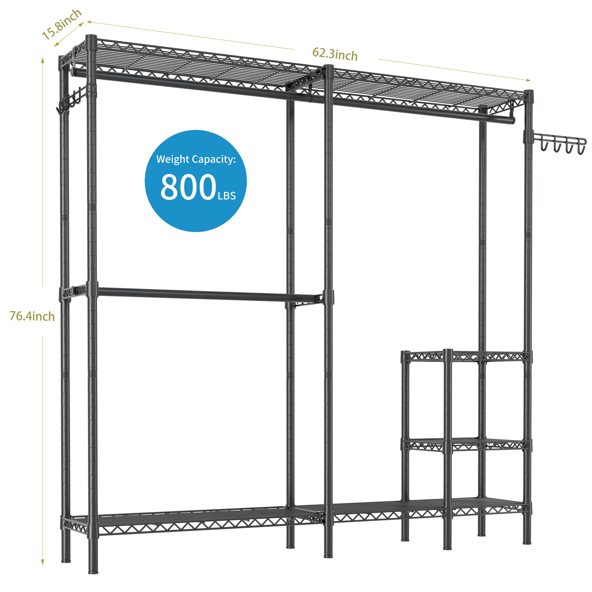 Heavy Duty Metal Clothes Rack - 4 Tier Adjustable Garment Rack with 3 Hanger Rods & 2 Hooks, 800lbs Capacity Freestanding Wardrobe System for Bedroom, Closet Organization & Laundry Room Storage