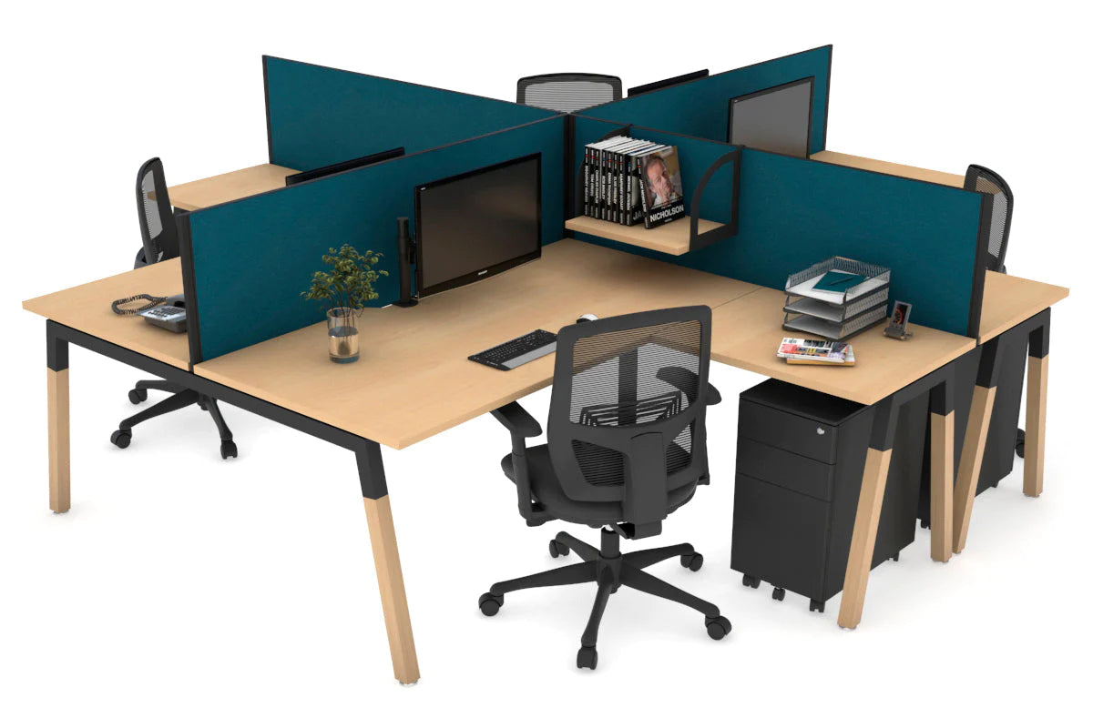 Quadro Wood A Legs Cross Beam 4-Person Corner Workstation Desk - 1600L x 1800W with Cable Management Scallop - Perfect for Office, Home Workspace & Collaborative Environments