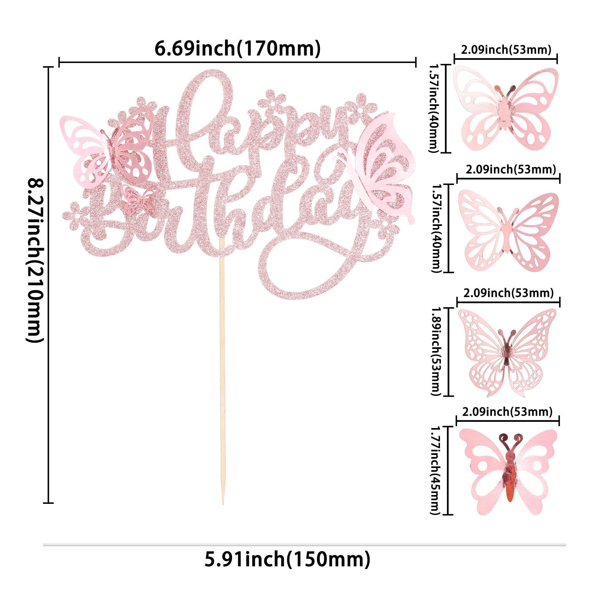 25Pcs 3D Butterfly Cake Toppers - Happy Birthday Cake Decorations for Baby Showers, Birthdays & Parties - Rose Gold Butterfly Party Supplies - Perfect for Wedding, Baby Shower & Birthday Cakes