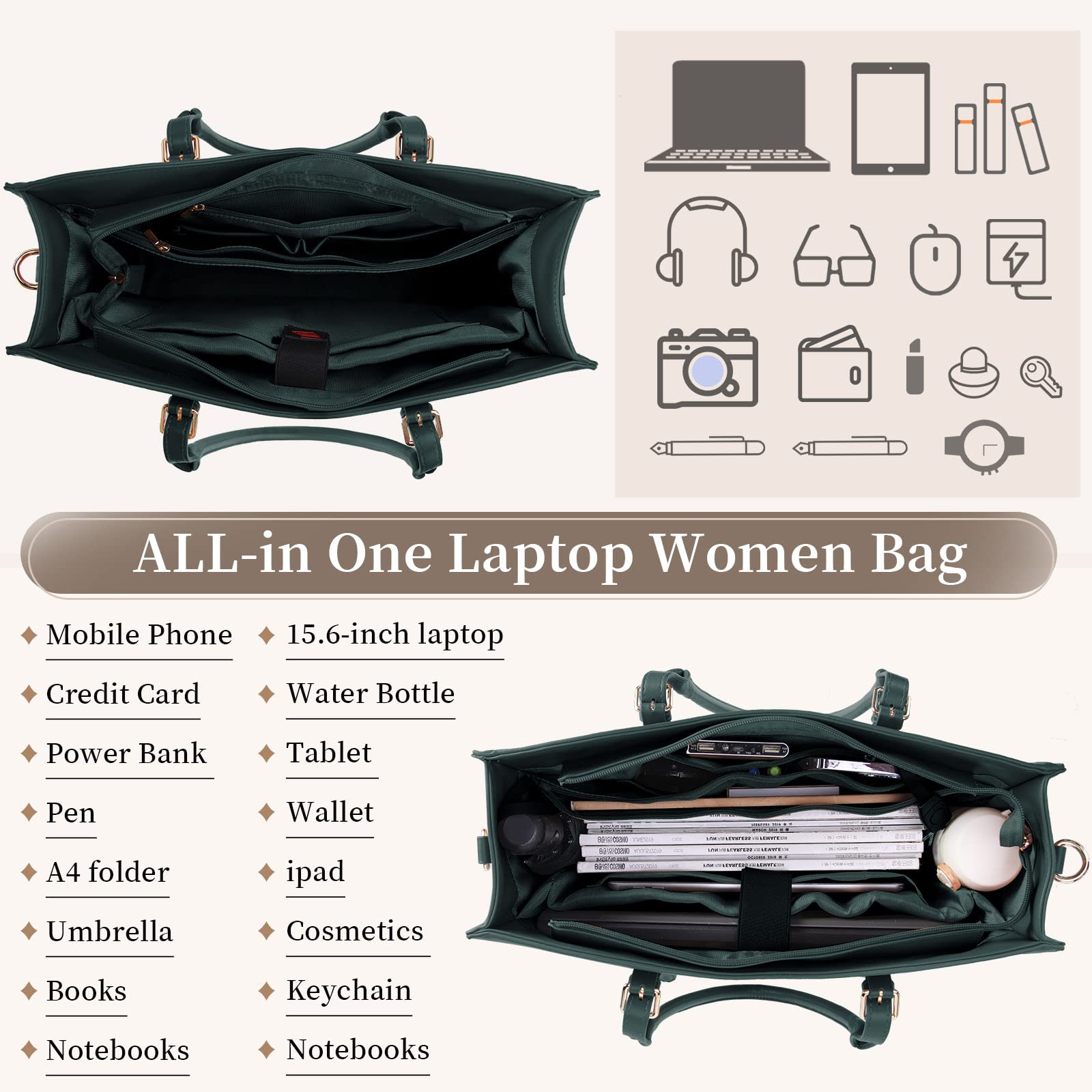 Stylish 15.6 Inch Leather Laptop Tote Bag for Women - Waterproof Work Bag with Shoulder Strap - Perfect for Office, Business Travel & Daily Commute - Elegant Green Handbag for Professionals & Students