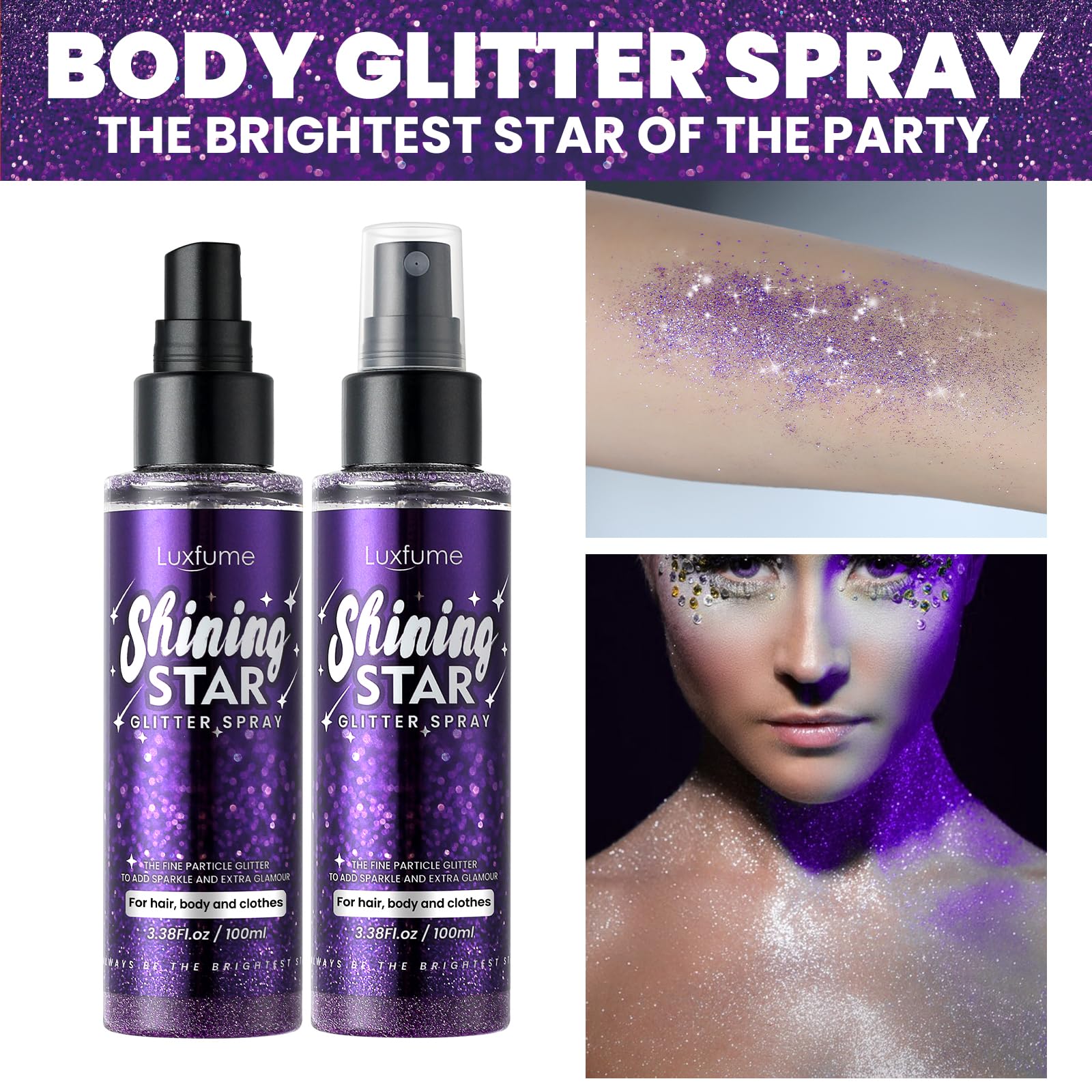 Purple Body Glitter Spray & Hairspray - Quick-Drying, Waterproof, Nozzle-Clog Resistant, Long-Lasting Shine for Stage Makeup, Costumes & Festival Looks (3.38Oz)