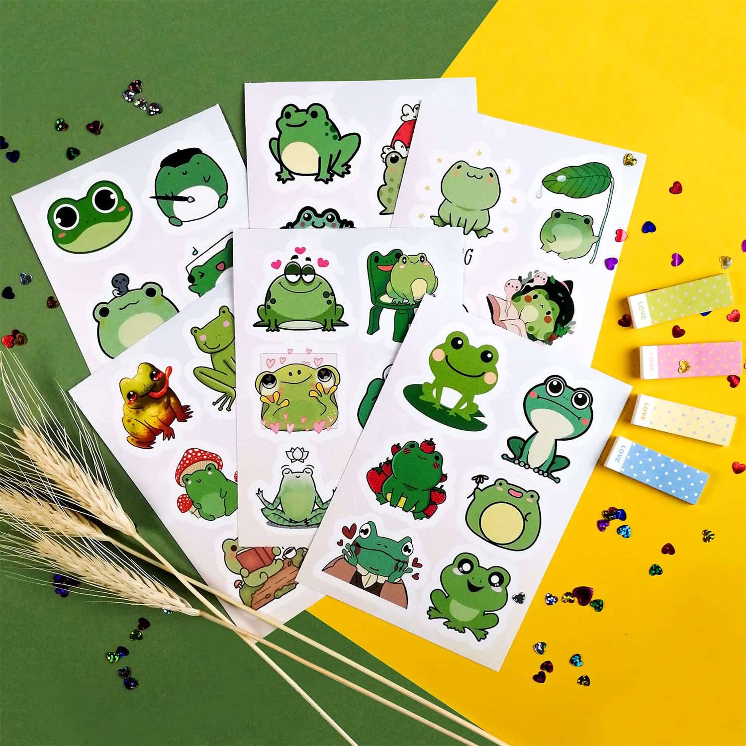 BulbaCraft Kawaii Frogs Stickers Set - 50 Pcs Cute Green & White Vinyl Decals for Kids | Waterproof, Scratch Resistant | Perfect for Water Bottles, Laptops, Scrapbooks, Journals & DIY Crafts | Fun Frog-Themed Decorations for School, Home & Office Use