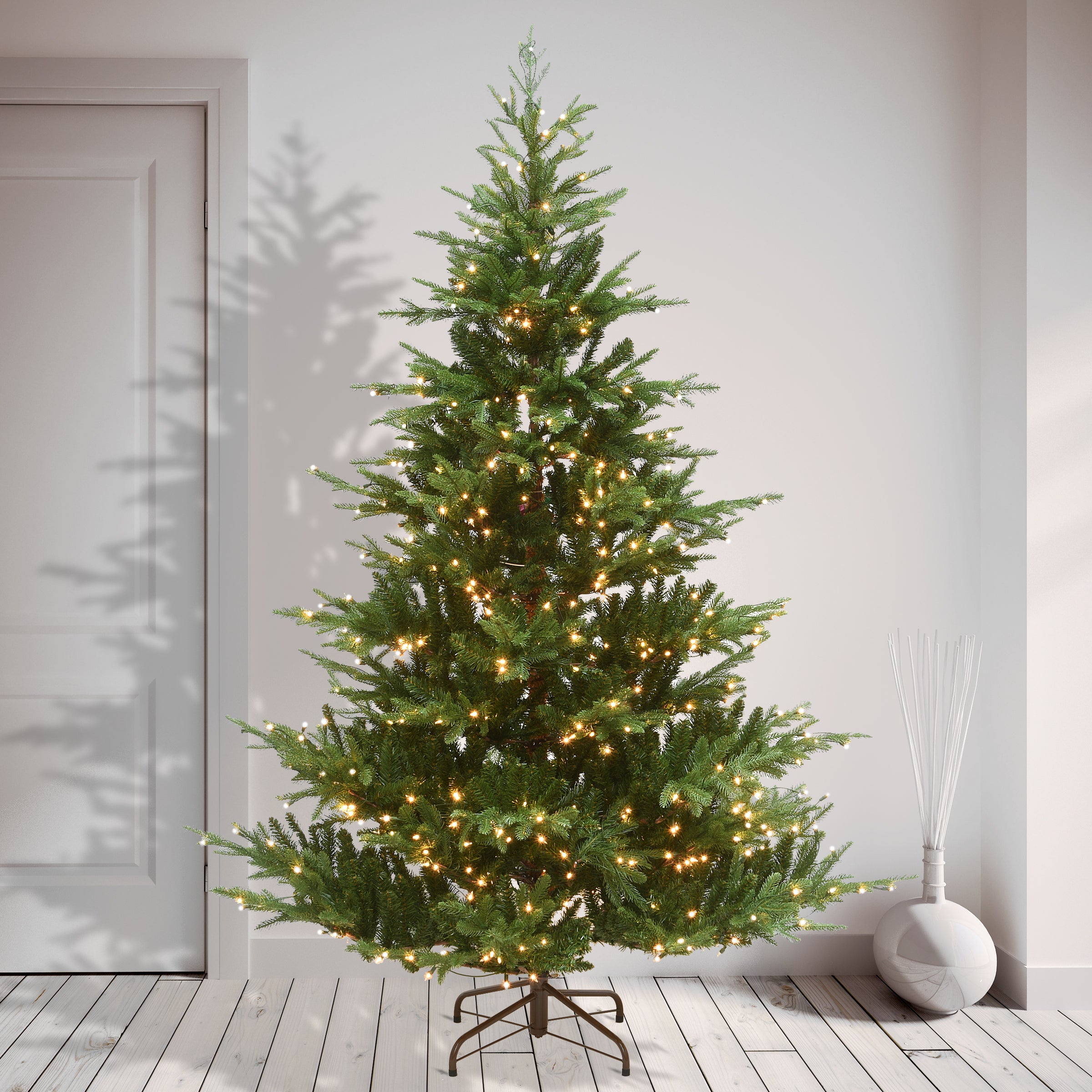 7.5 ft Pre-Lit Milford Spruce Artificial Christmas Tree with 500 Clear LED Lights - Perfect for Holiday Home Decor & Living Room Centerpiece