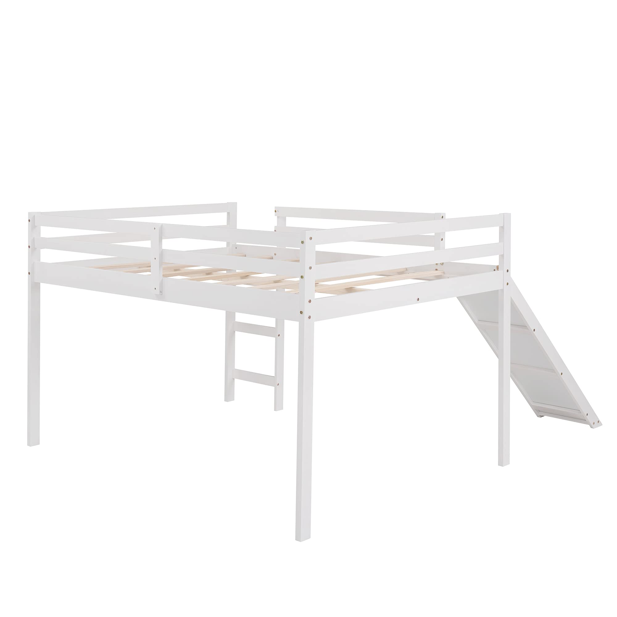 SOFTSEA Full Size Low Loft Bed with Slide & Built-in Ladder - Sturdy Wooden Bunk Bed for Kids, Boys & Girls (White) - Perfect for Small Bedrooms, Playrooms & Dorm Rooms
