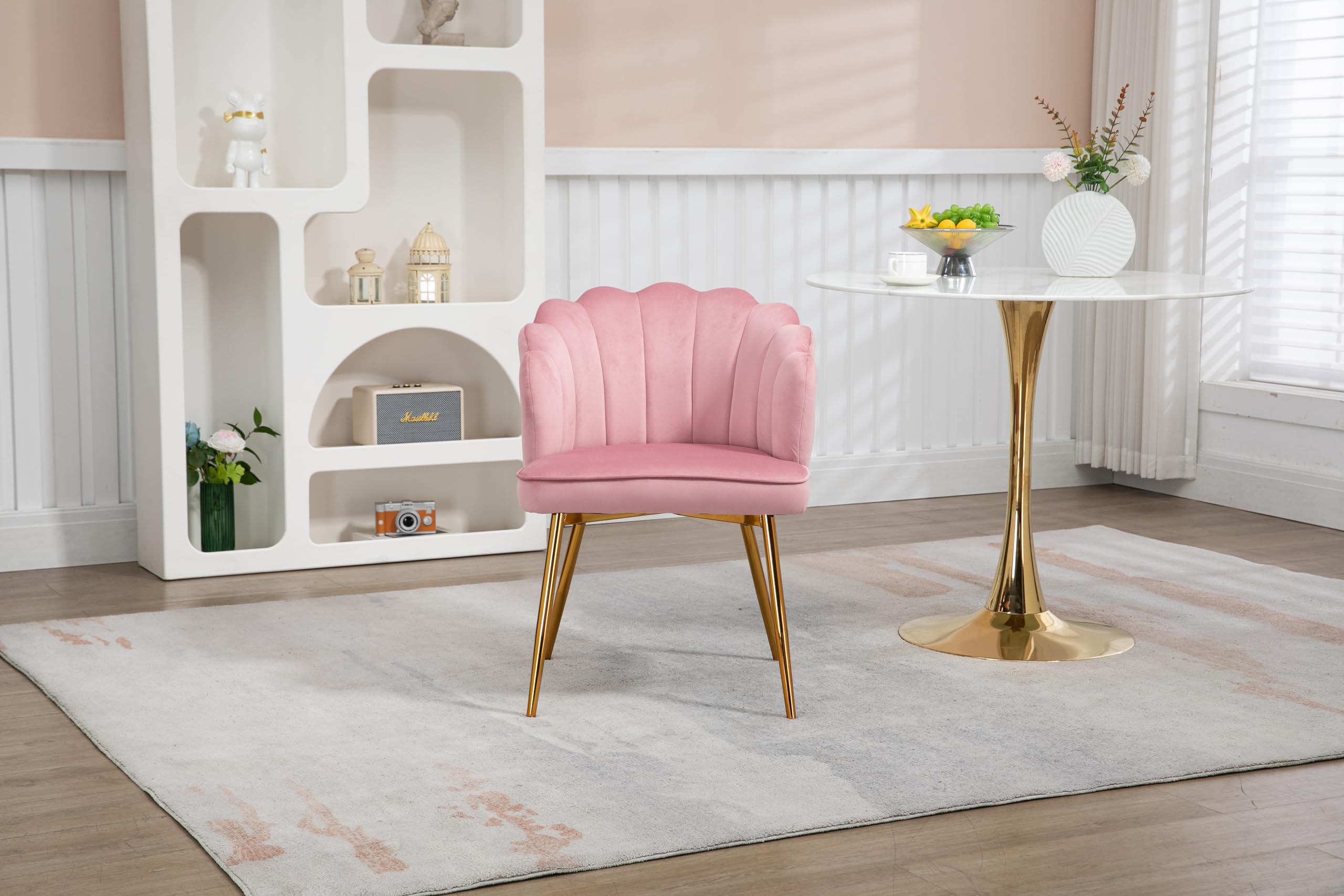 Modern Velvet Vanity Chair with Golden Metal Legs & Petal Back - Comfy Upholstered Armchair for Bedroom, Dining, Makeup Desk - Soft Pink Velvet Seat for Women & Girls (Perfect for Dressing Rooms, Boudoirs & Teen Bedrooms)