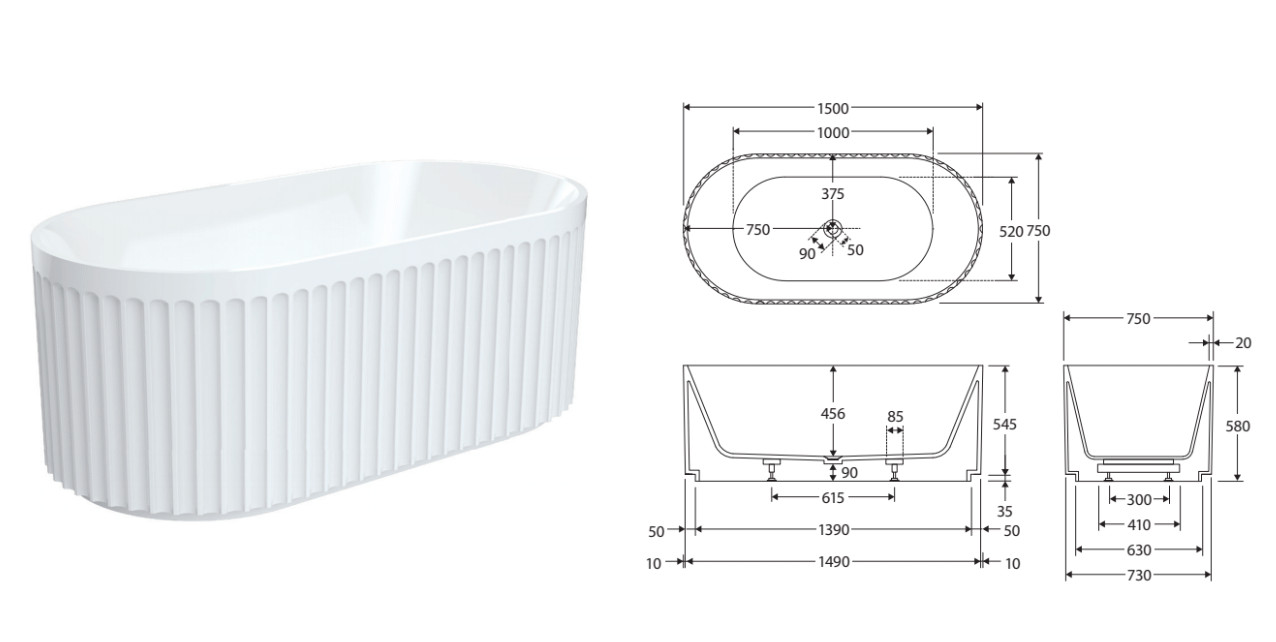 Fienza FR711 1500mm Eleanor Freestanding Acrylic Bathtub with Fluted Design - Gloss White | Modern Luxury Bath for Spa-Like Relaxation at Home