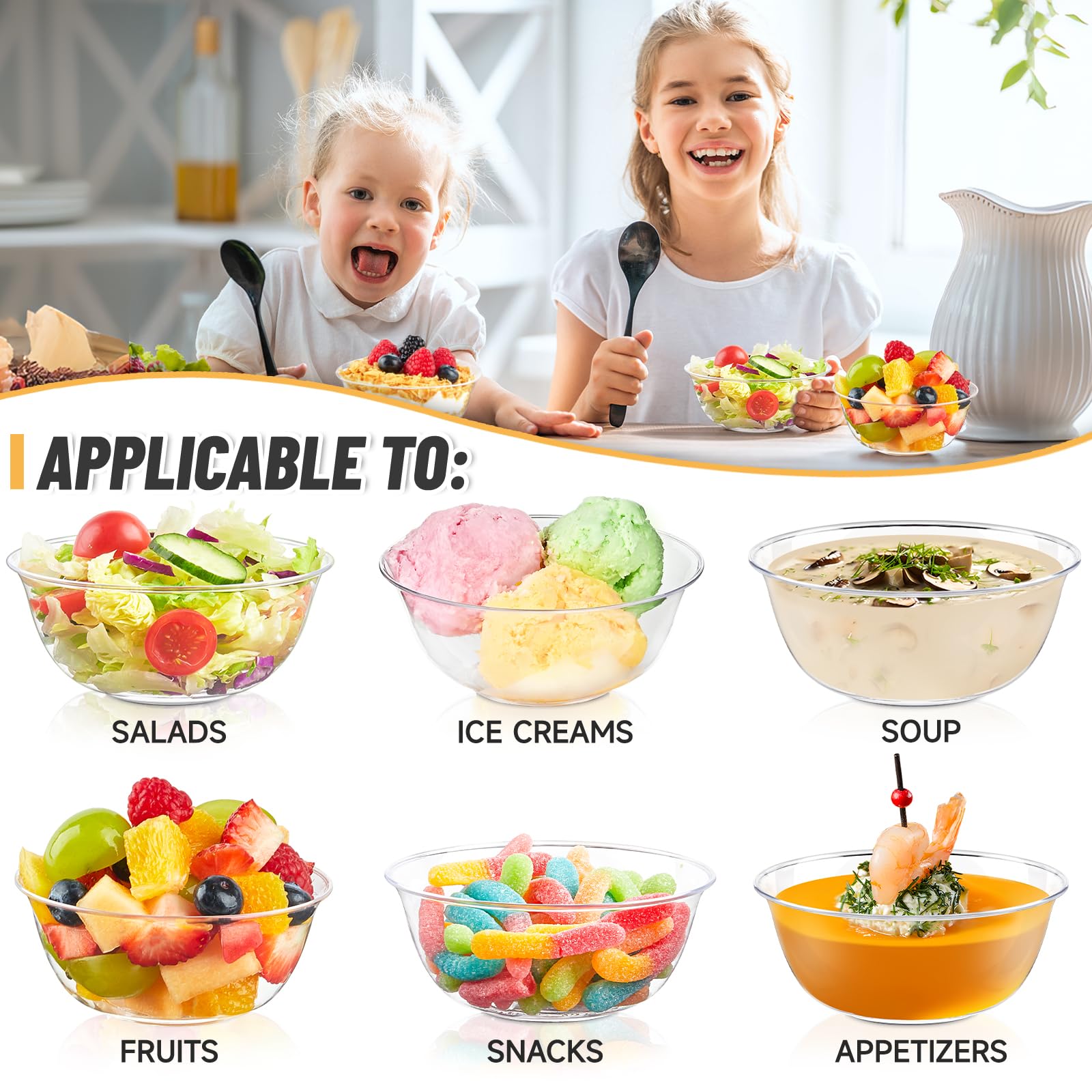 10 oz Clear Plastic Bowls 60 Pack - Small Disposable Salad Bowls for Ice Cream, Fruit, Desserts, Snacks & Party Serving - Perfect for Catering, Picnics, BBQs & Events