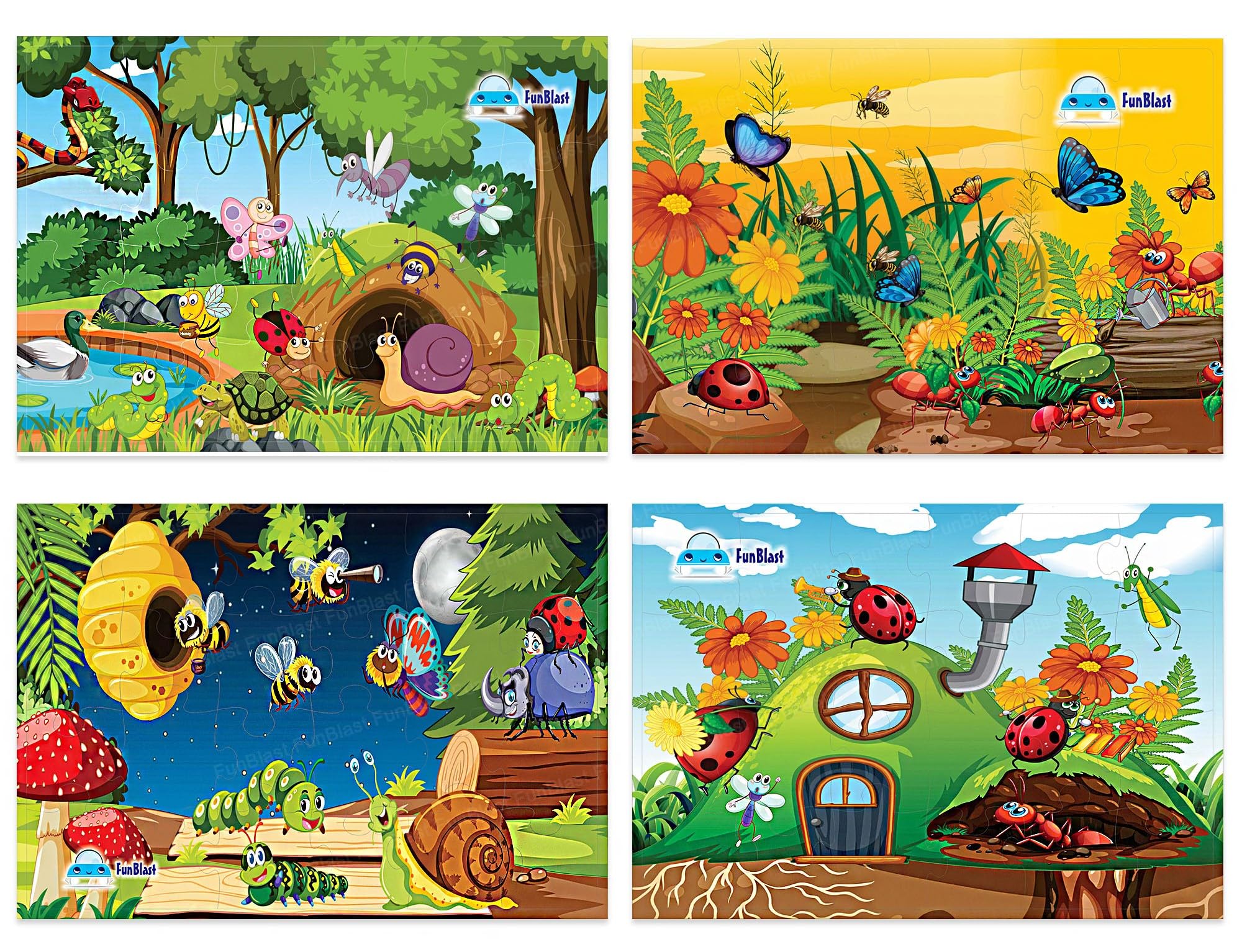 FunBlast Kids Jigsaw Puzzles - 4 Pack Educational Floor Puzzles (30x22cm) with Insects Theme, 96 Pieces Total - Learning Toys for Toddlers & Children | Perfect for Classroom, Birthday Gifts & Family Game Night