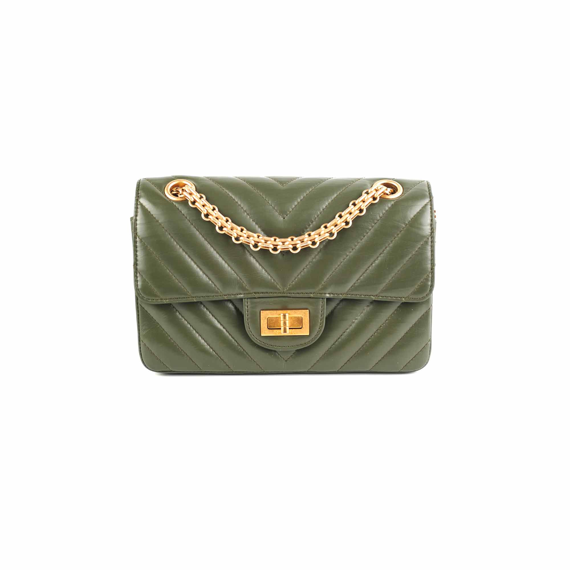 Authentic Chanel Mini 2.55 Chevron Reissue Bag in Khaki Green with Microchip - Luxury Crossbody Purse for Women, Perfect for Date Nights & Special Occasions
