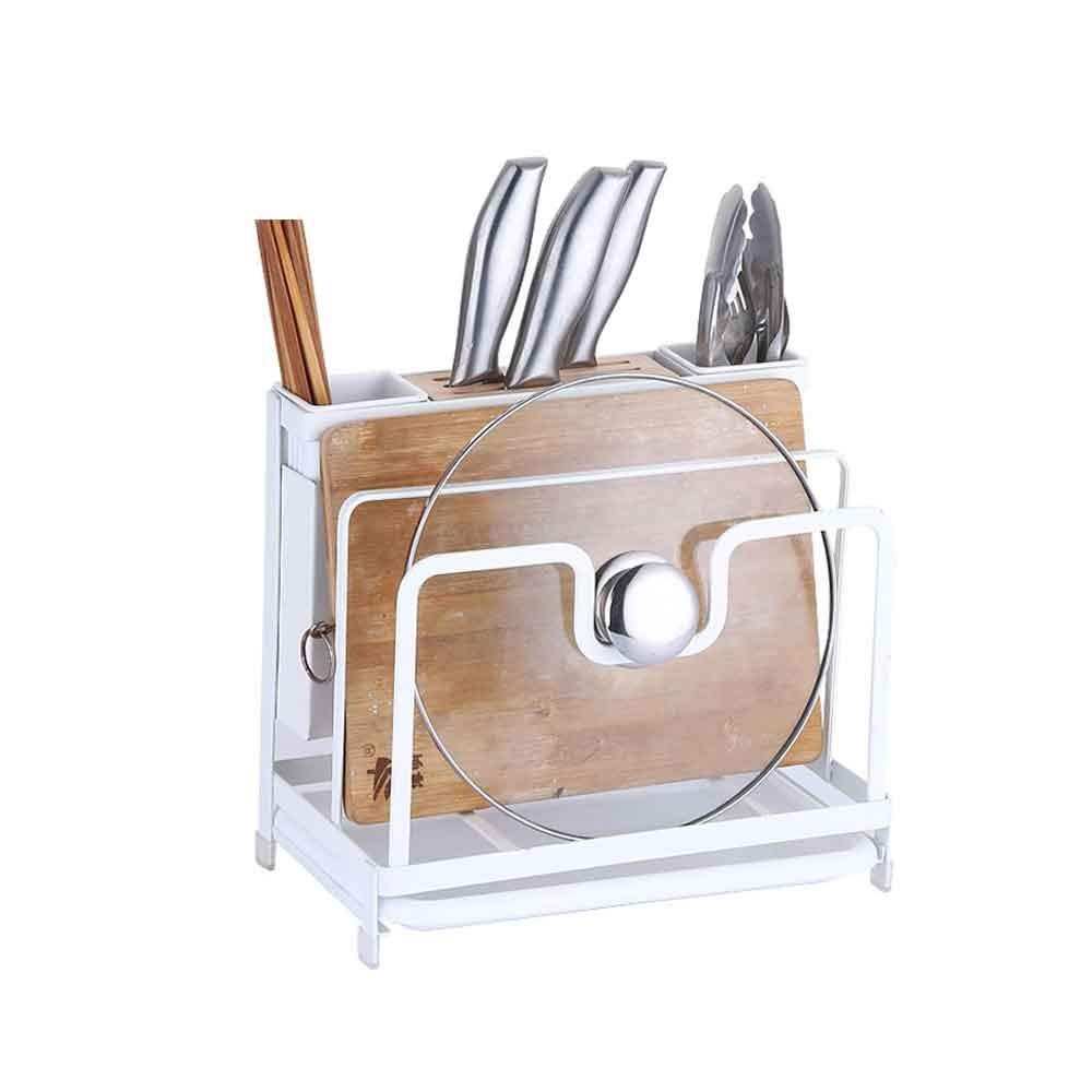 GANFANREN Stainless Steel Knife Holder with Drainboard - 6-Slot Knife Block, Cutting Board Organizer & Drying Rack - Space Saving Kitchen Storage for Countertop Display (White) - Perfect for Small Kitchens & Professional Chefs