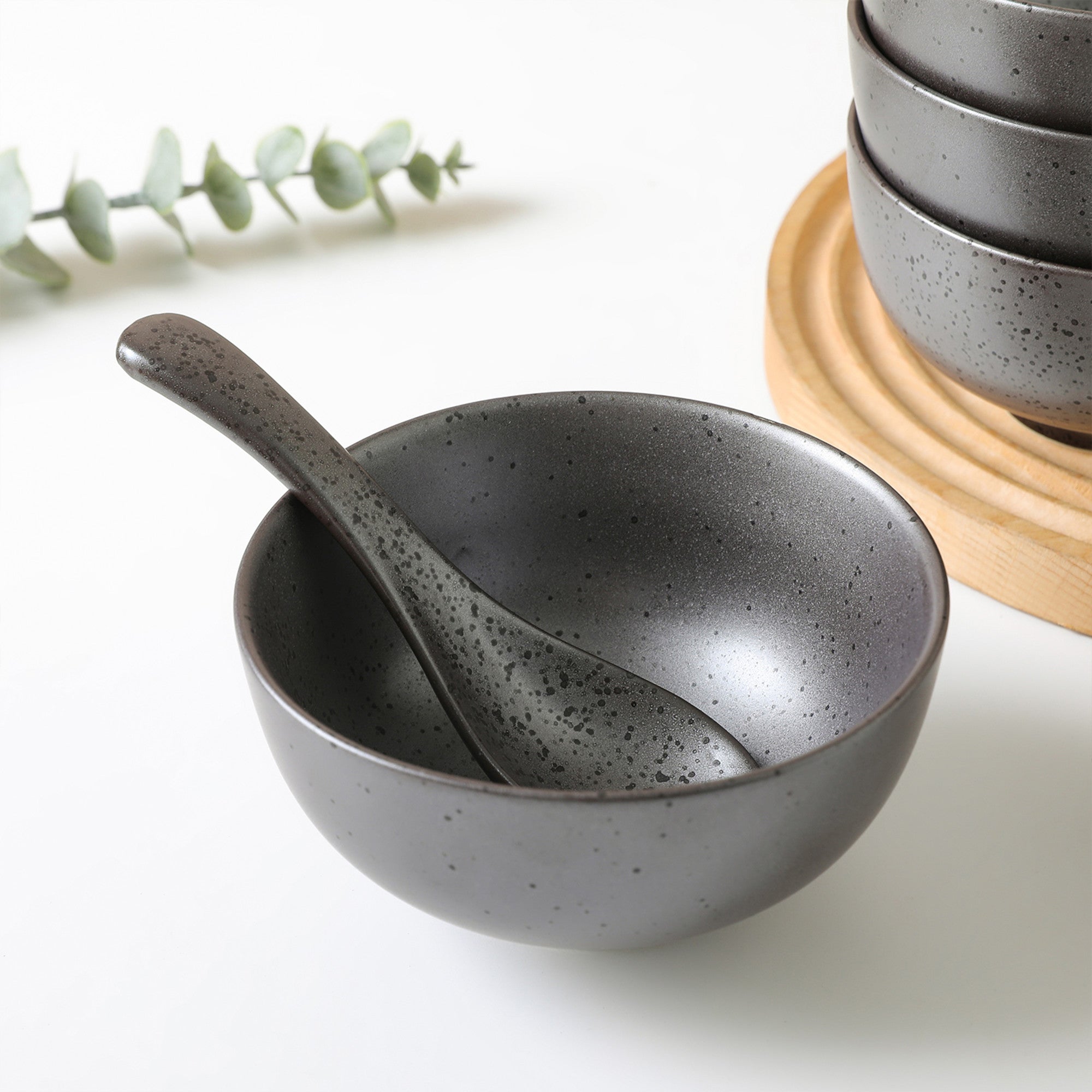 Premium Valencia Porcelain Bowl and Spoon Set - Elegant Metallic Grey - Perfect for Soup, Cereal, Desserts & Stylish Table Setting