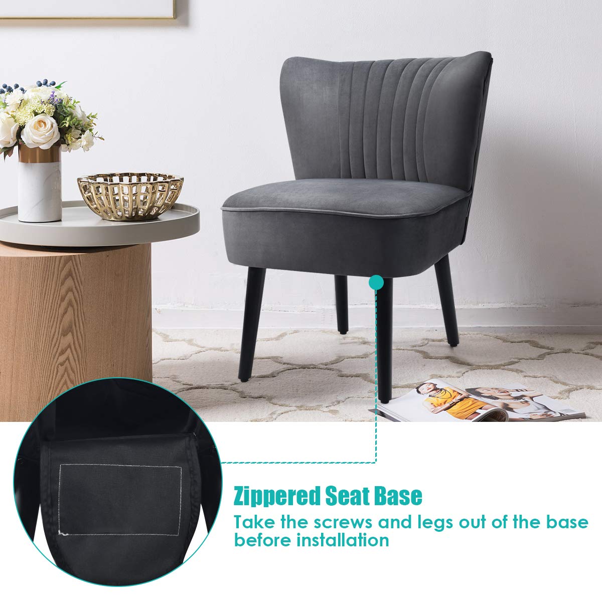 Giantex Velvet Accent Chair Set of 2 - Modern Mid-Century Upholstered Living Room Chairs with Curved Backrest & Padded Seat - Comfy Armless Wingback Slipper Chairs for Bedroom, Lounge & Office Decor