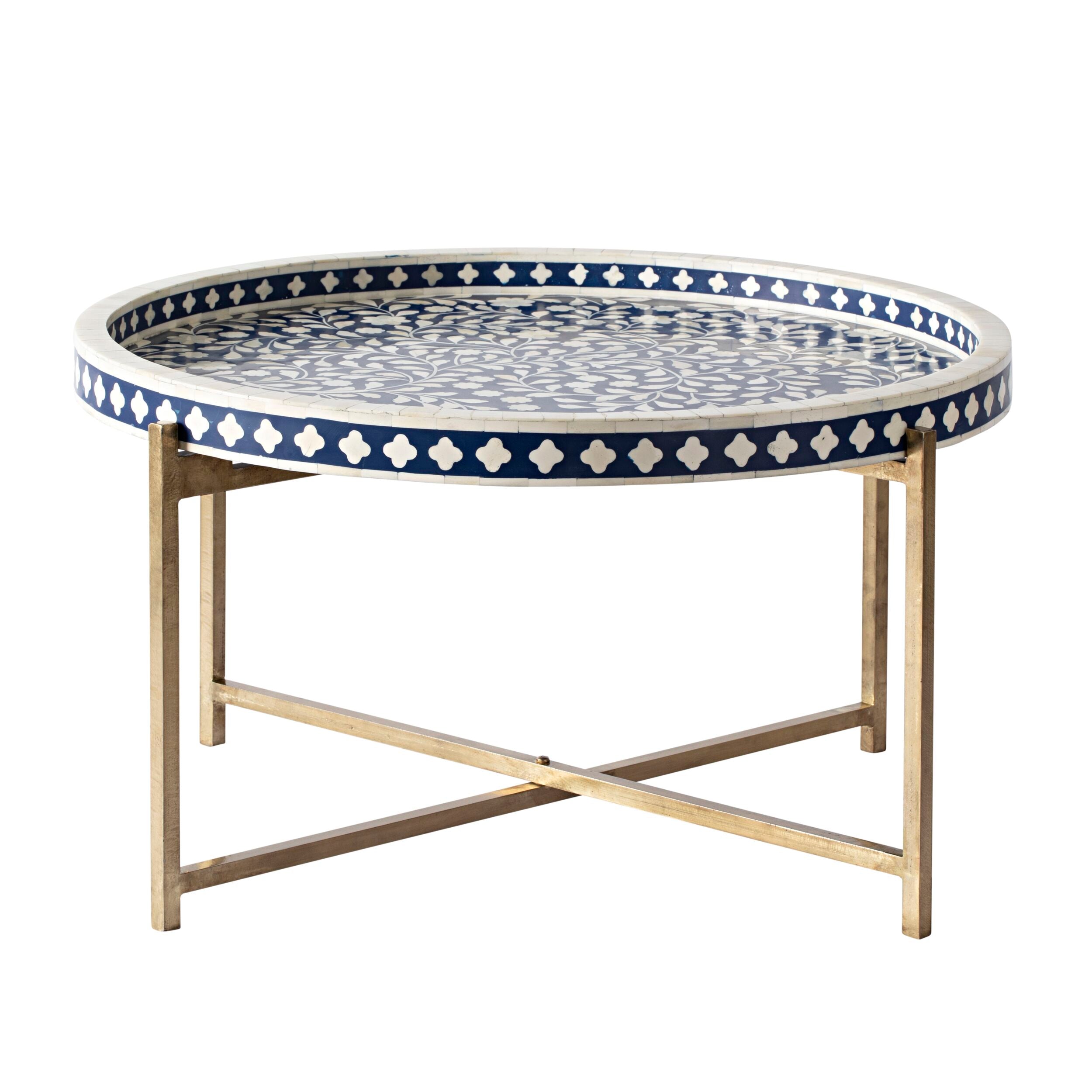 Exquisite Blue and Gold Bone Inlay Round Coffee Table - 41cm Handcrafted Home Decor for Living Room, Lounge & Office