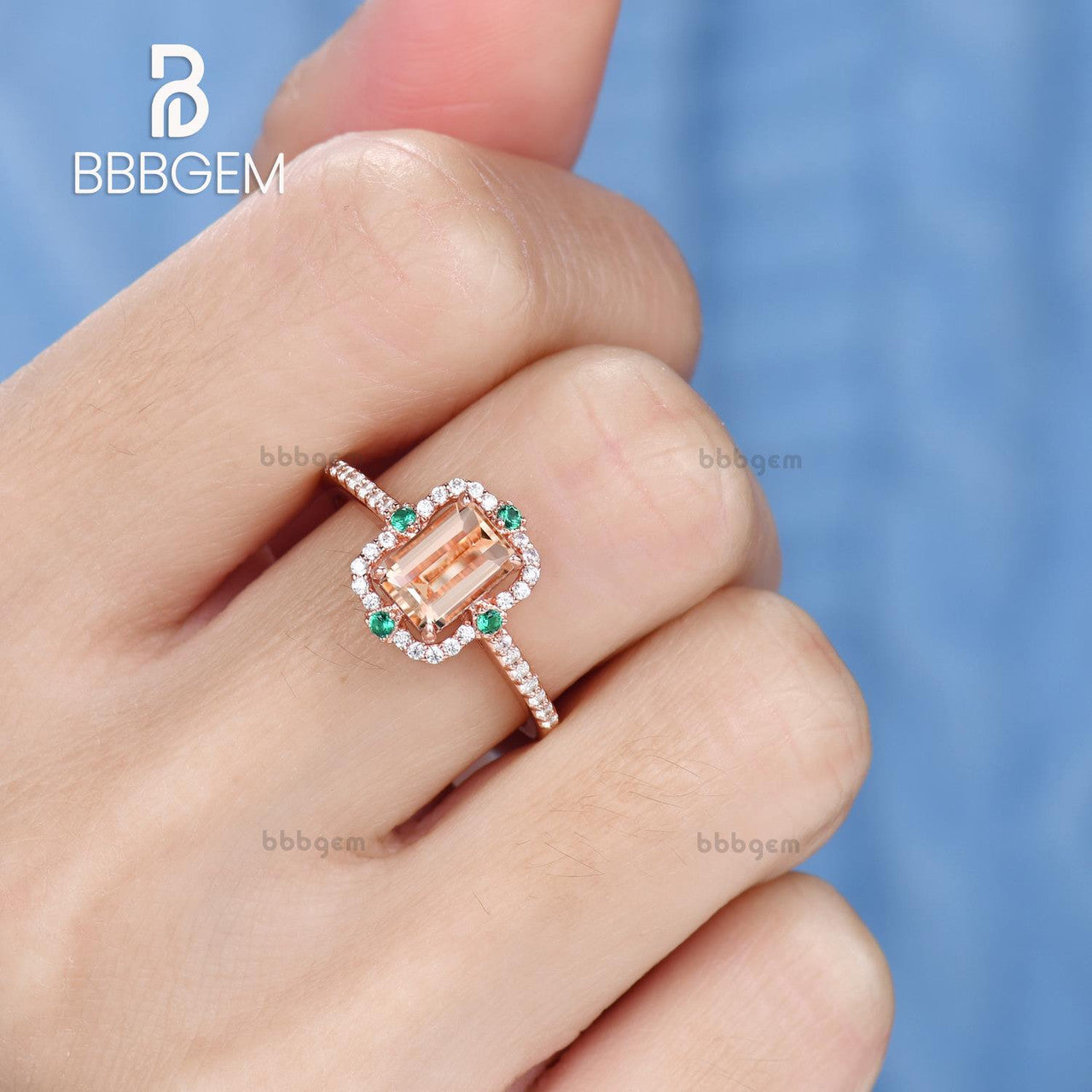Vintage Emerald Step Cut Peachy Pink Morganite Rose Gold Statement Ring with 4 Emerald Accents - Elegant Jewelry for Weddings, Anniversaries & Special Occasions