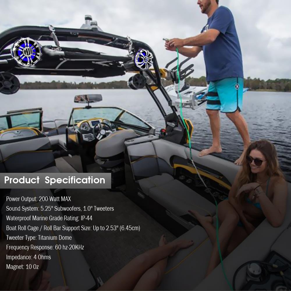 **Pyle PLMRWB50L 5.25 Inch Waterproof Marine Speakers with LED Lights - IP44 Rated Wakeboard Tower & Weatherproof Outdoor Stereo Sound System (Pair, Silver) - Perfect for Boats, Pools, and Outdoor Parties**