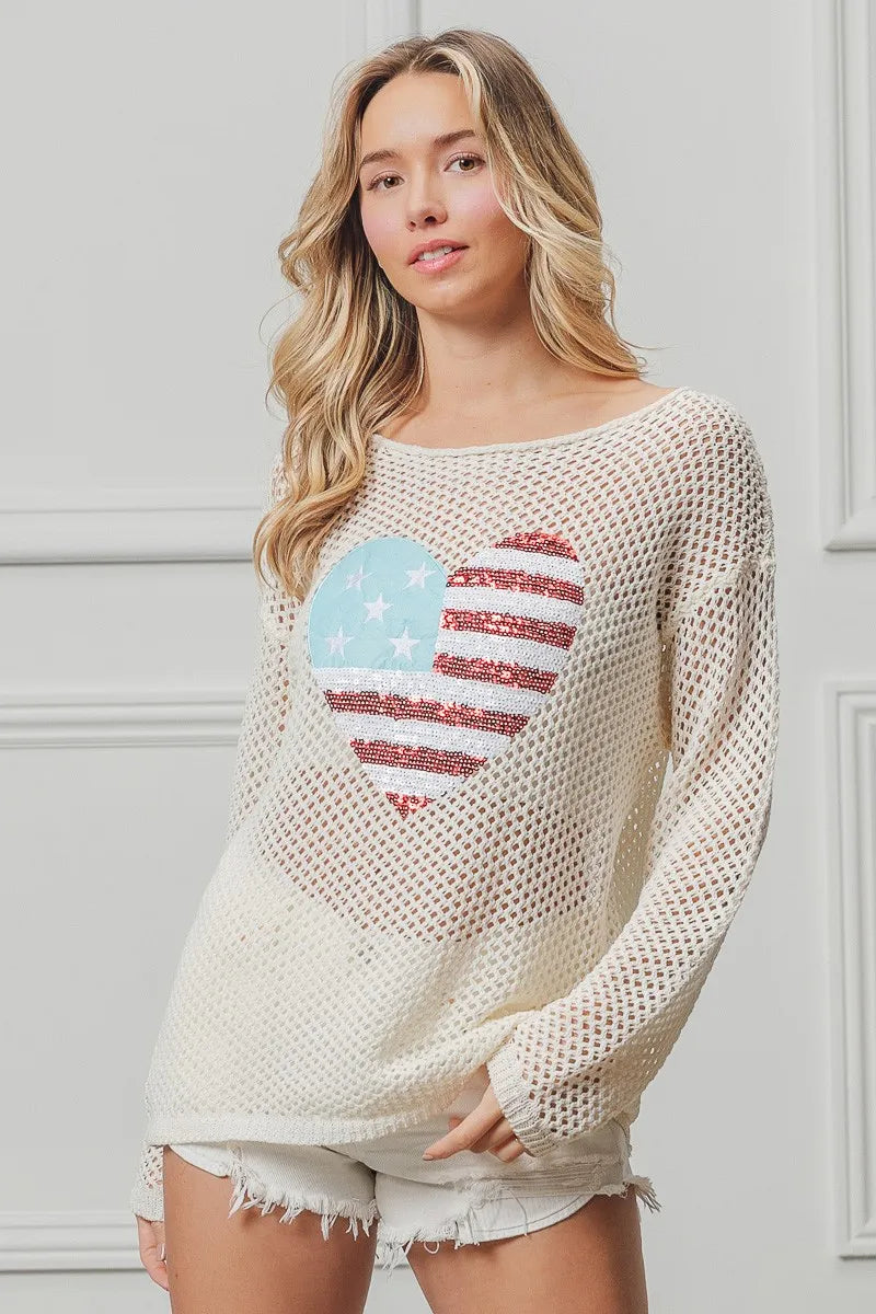 BiBi Sequin American Flag Heart Knit Up - Patriotic Fashion Sweater for Women, Perfect for 4th of July, Memorial Day & Independence Day Celebrations