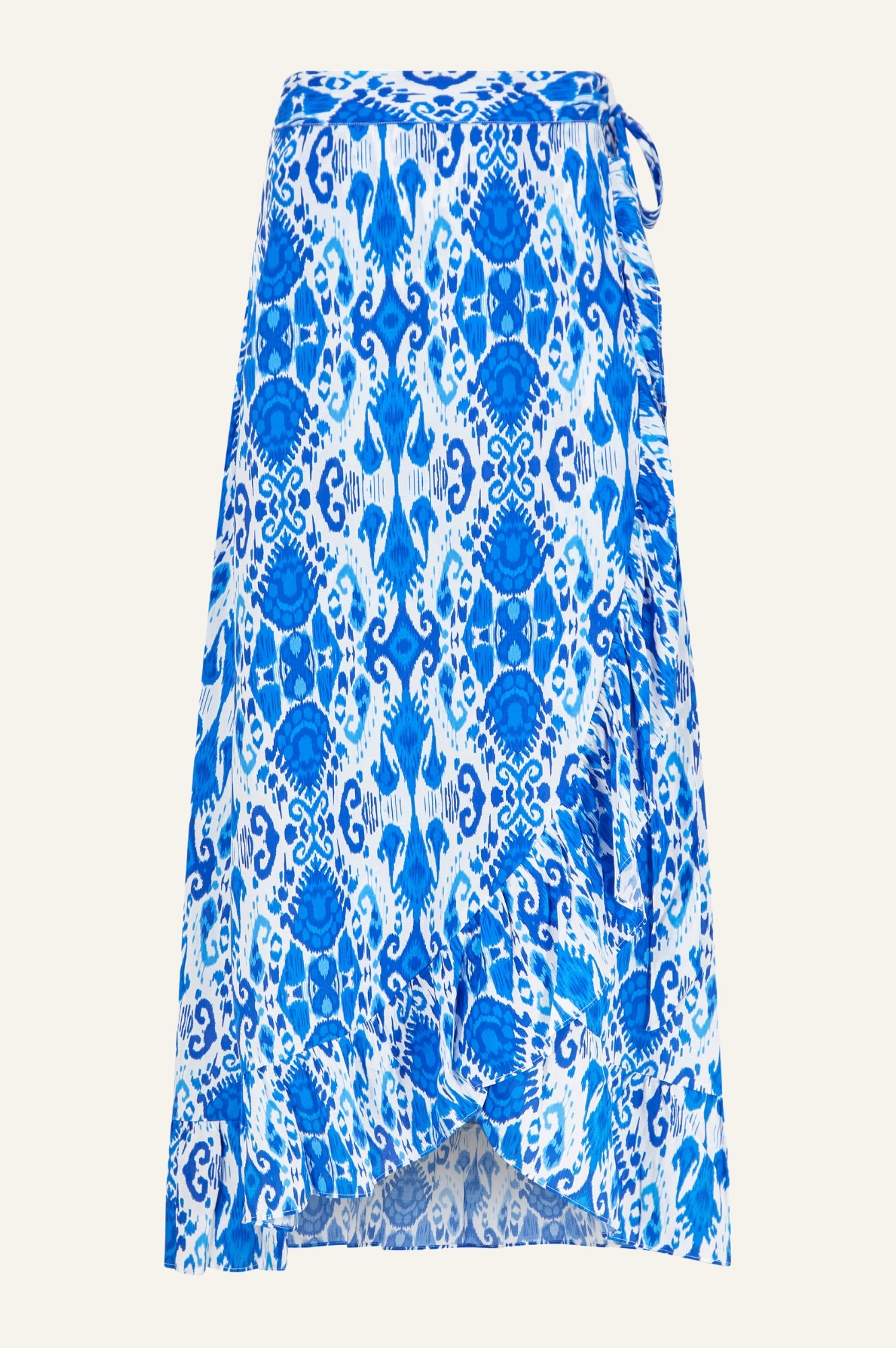 April EcoVero™ Wrap Skirt - Sustainable Ikat Blue/White Floral Print Midi Skirt for Women | Perfect for Beach Vacation, Summer Outfits & Boho Style