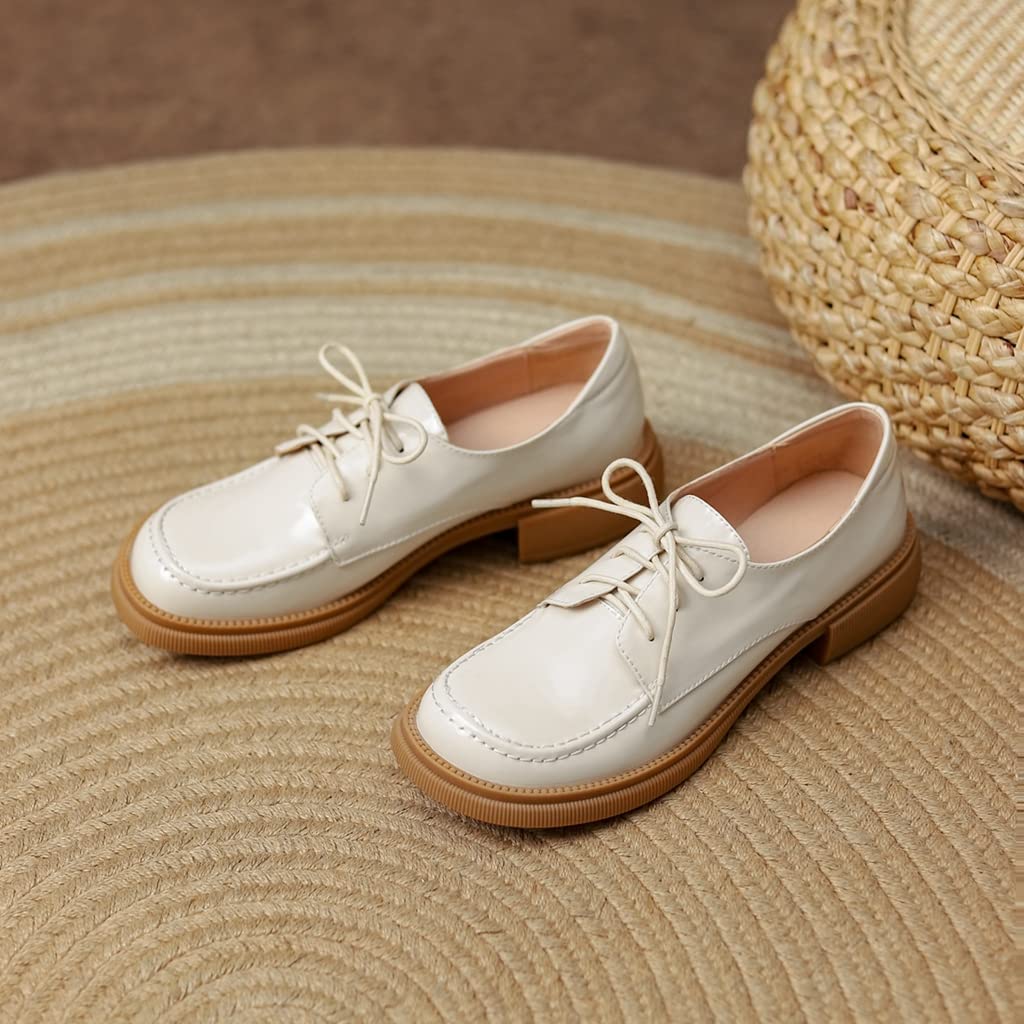 Women's Classic Lace-Up Oxford Shoes - Patent Leather Round Toe Flats with Low Heel - Comfortable Slip-On Loafers for Work, Office & Formal Occasions