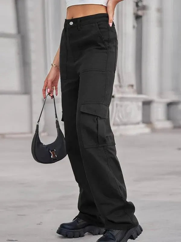 Women's Solid Twill Cargo Pants - High Waisted Casual Work Pants with Multiple Pockets - Perfect for Outdoor Activities, Hiking & Everyday Wear