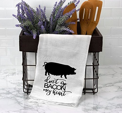 Funny Kitchen Towels - Don't Go Bacon My Heart - Large White Lint-Free Cotton Flour Sack Towels with Sayings - Perfect for Cooking, Baking & Home Decor