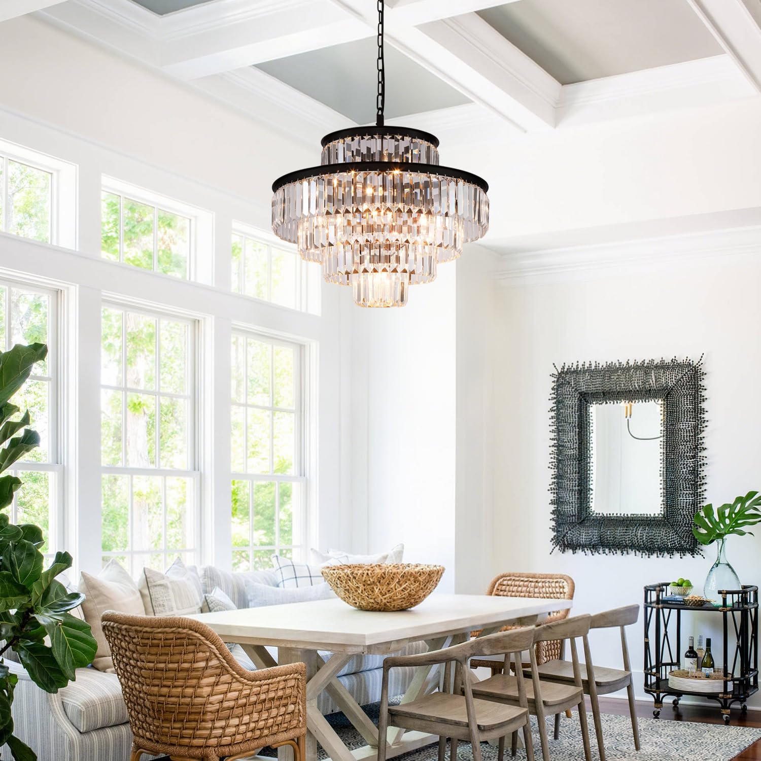Modern Black Crystal Chandelier - 13-Light Pendant Ceiling Light Fixture (24 Inch Diameter) for Dining Room, Living Room, Foyer & Hallway - Elegant Lighting for Home Decor & Special Occasions