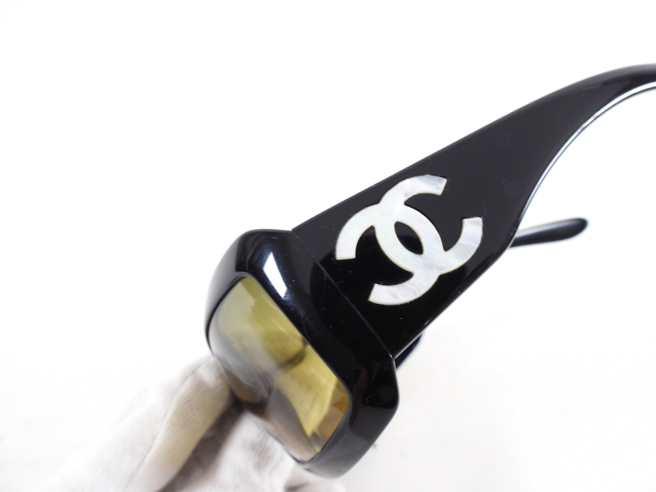 Chanel Black Sunglasses with Mother of Pearl CC Logo & Yellow Lenses - Luxury UV Protection for Women, Perfect for Beach, Driving & Fashion Outfits