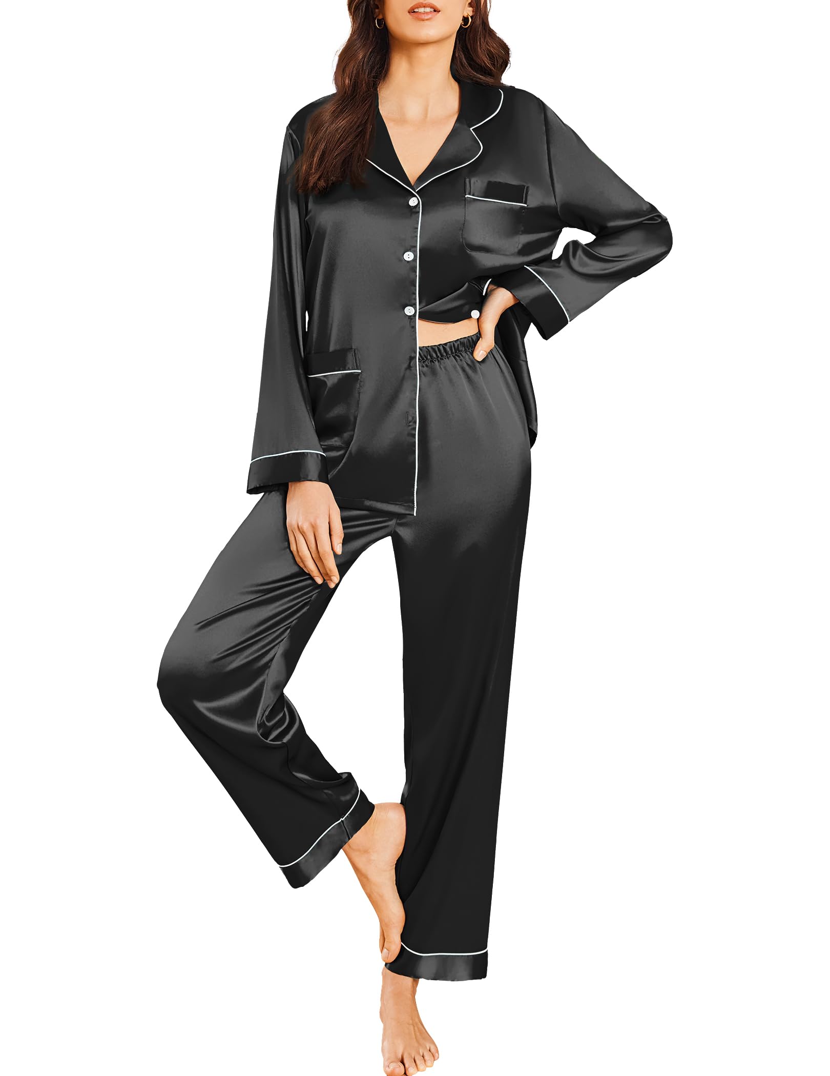 Ekouaer Women's Silk Pajama Set - Classic Button Down Satin Sleepwear with Long Sleeves for Lounge & Relaxation | Perfect for Sleepovers, Spa Days & Cozy Nights at Home