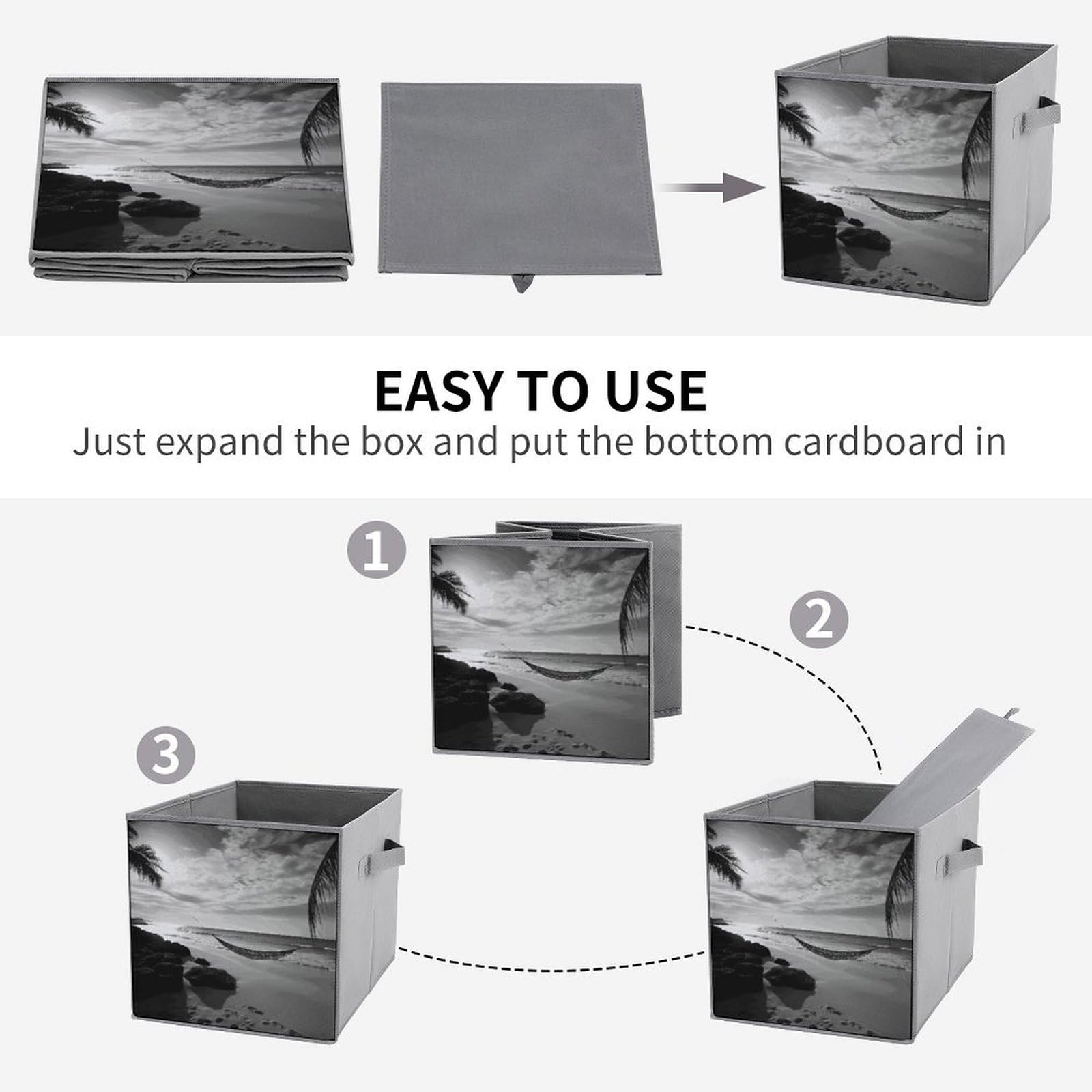 Collapsible Storage Bins with Handles - Black and White Beach Pattern Foldable Storage Boxes for Shelves, Closet & Home Organization | Multi-Purpose Storage Baskets for Bedroom, Bathroom, Laundry & Beach Trips