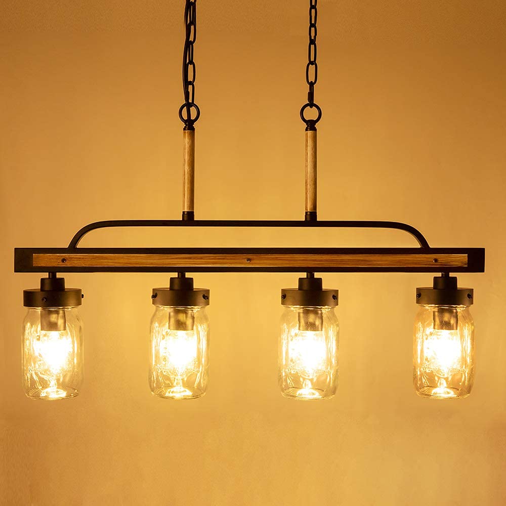 Wellmet Farmhouse Dining Room Chandelier - Black Mason Jar Pendant Light with Faux Wood & Glass Shade | Rustic Linear Cluster Hanging Fixture for Kitchen Island, Dining Table, Restaurant, Cafe & Country Home Decor