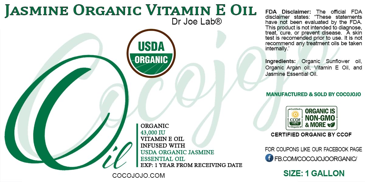 Organic Vitamin E Oil & Jasmine Essential Oil Blend - 43,000 IU Vegan Multi-Use Moisturizer for Skin, Hair, Face, Body & Cuticles - Daily Hydration & Nourishment - Perfect for Massage, Aromatherapy & DIY Beauty (1 Gallon / 128 oz) - Packaging May Vary
