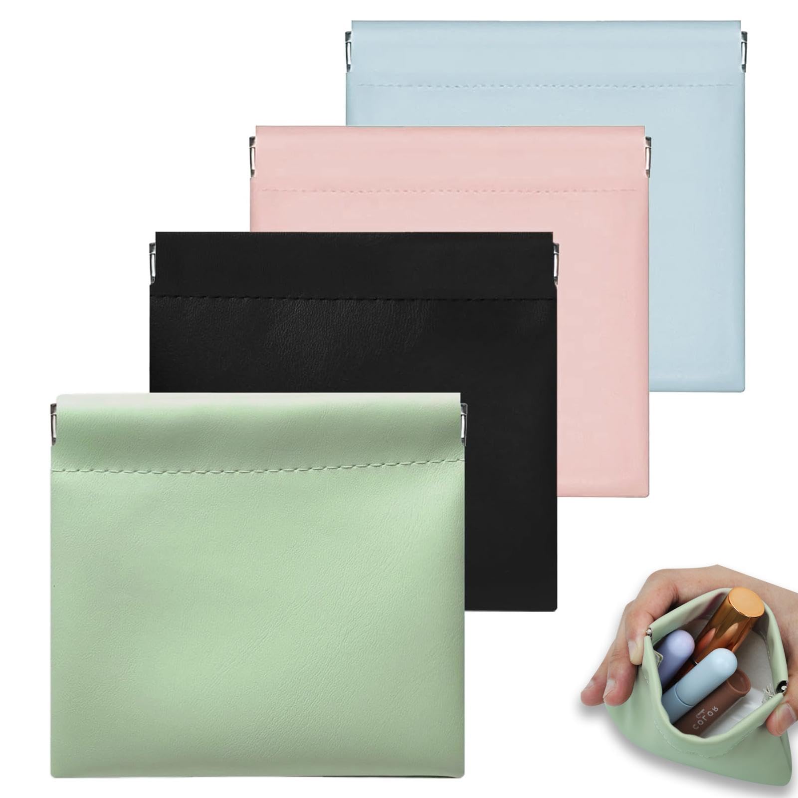 4Pcs Small Waterproof Makeup Bags for Women - Portable Cosmetic Pouches with Snap Closure, Zipperless Self-Closing Design for Lipstick, Coins & Purse Essentials | Perfect for Travel, Gym & Daily Organization