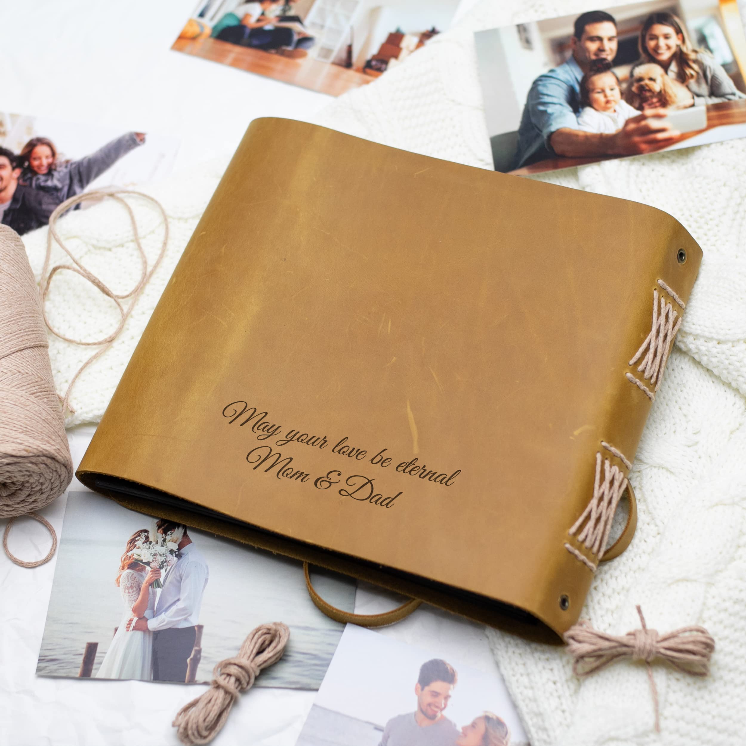 Custom Engraved Leather Photo Album with Metal Plate - Personalized Wedding Guest Book with Names & Date - Rustic Scrapbook for Bridal Shower, Engagement, Anniversary Gifts | Perfect for Couples, Memory Keeping & Special Occasions