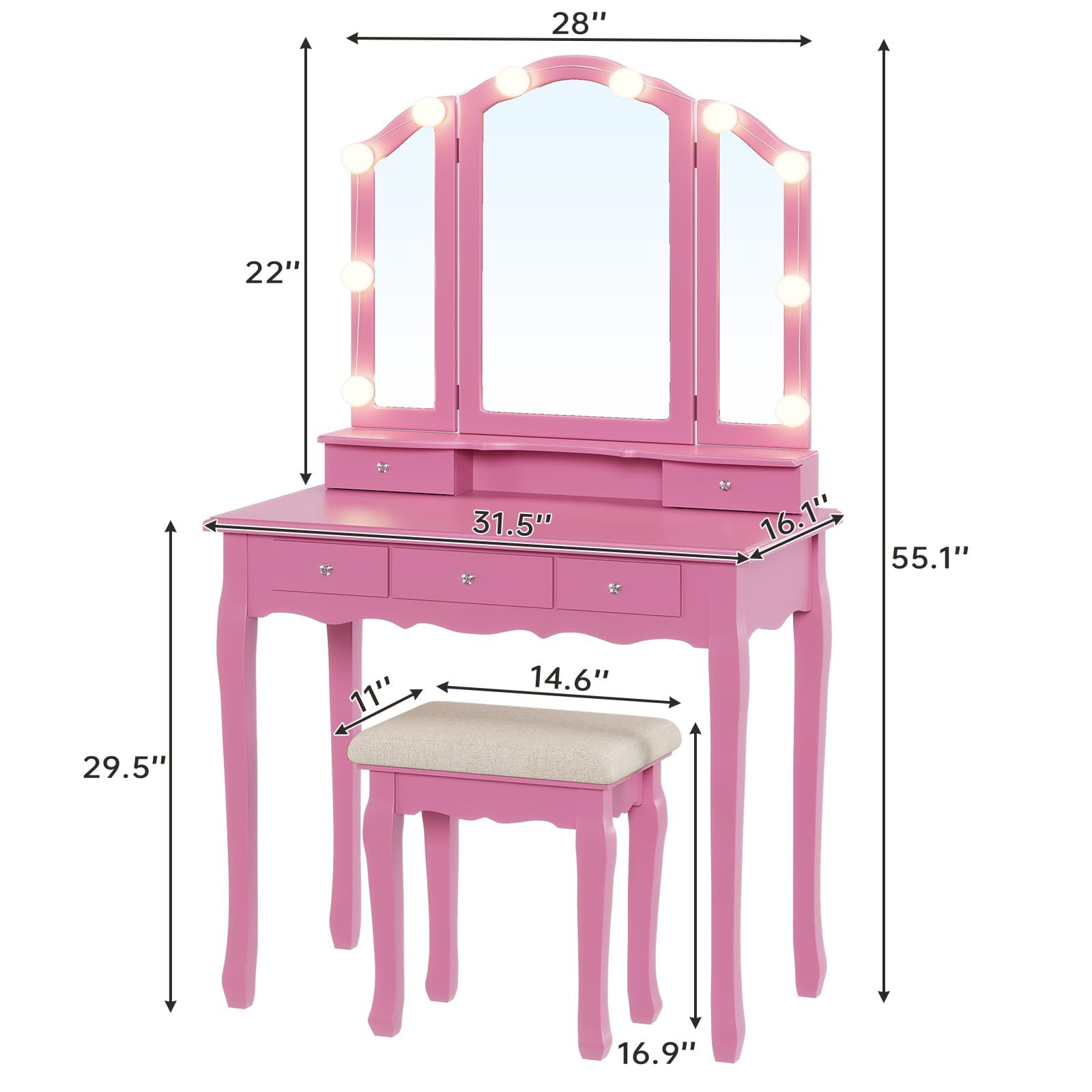 Tiptiper Vanity Desk with Tri-Fold Mirror & LED Lights, Pink Makeup Dressing Table with Wooden Stool, 5 Drawers & 8 Jewelry Hooks - Perfect for Small Spaces, Bedroom Decor & Gift Ideas
