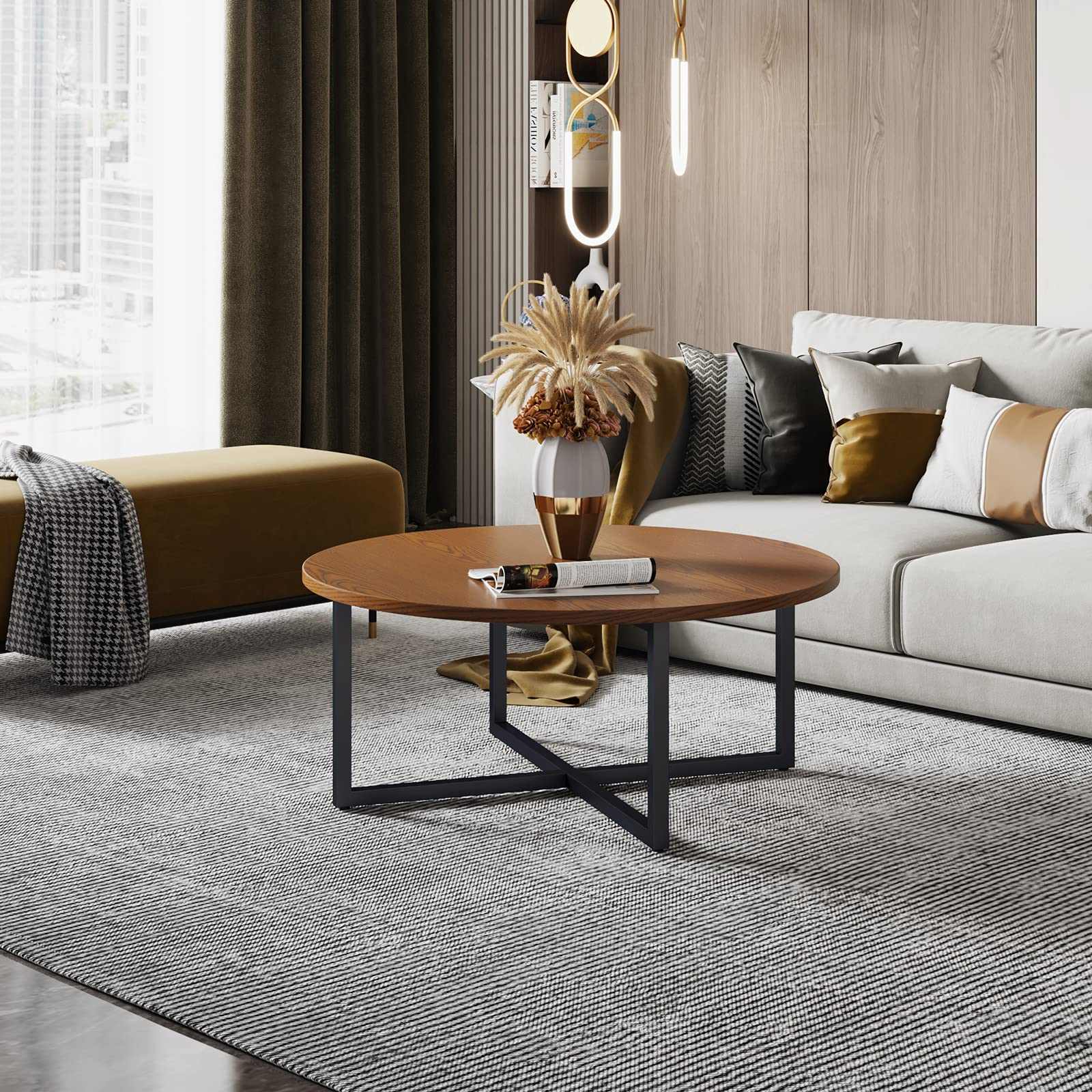 Industrial BAR Round Coffee Table - Durable Metal Frame Cocktail Table for Living Room, Sofa & Home Office - Easy to Assemble Brown Coffee Table (Perfect for Small Spaces, Apartments & Modern Decor)