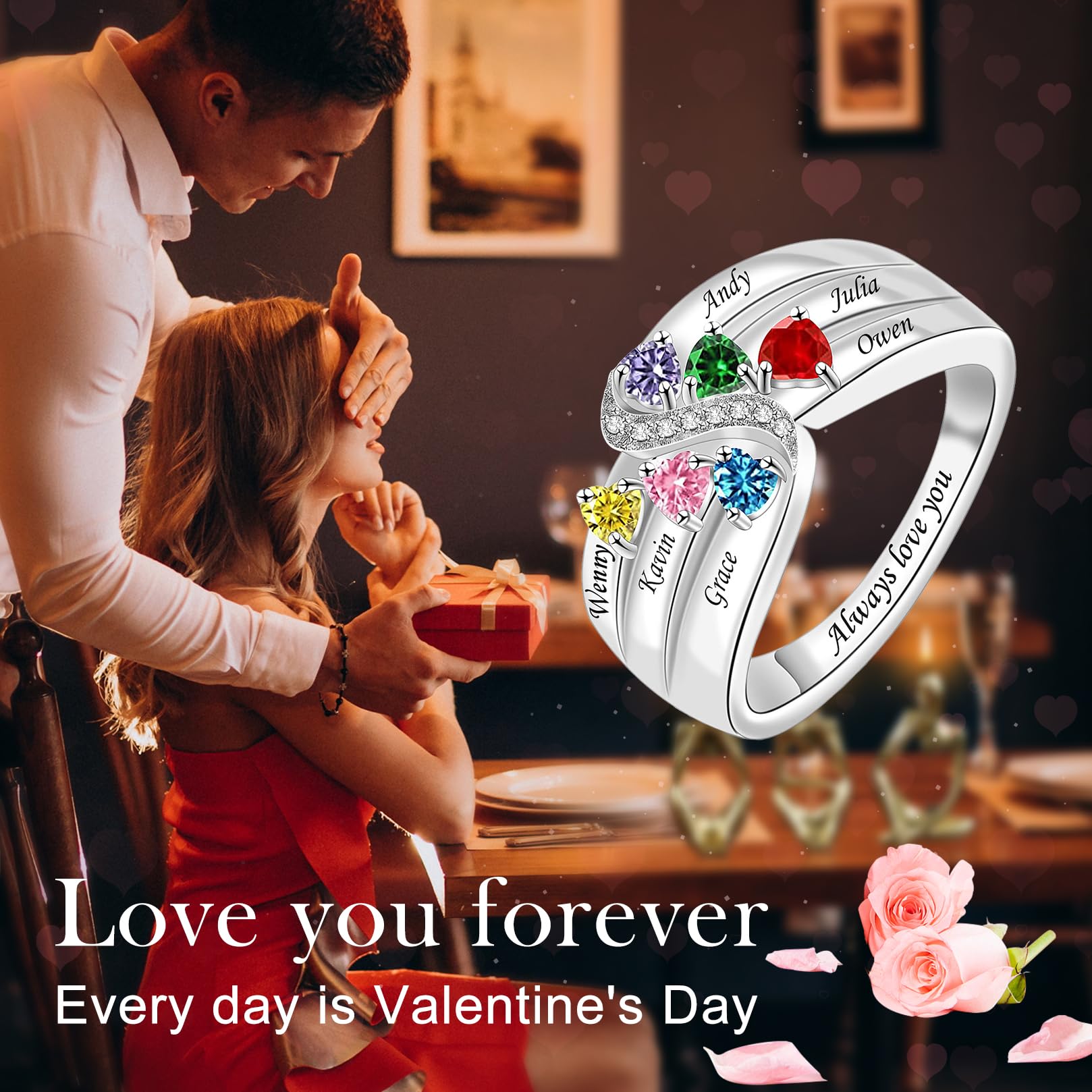 Personalized Mother's Ring with 1-6 Birthstones - 925 Sterling Silver Custom Engraved Family Jewelry - Perfect Gift for Mom, Women, Mother's Day - Ideal for Anniversary, Birthday & Special Occasions