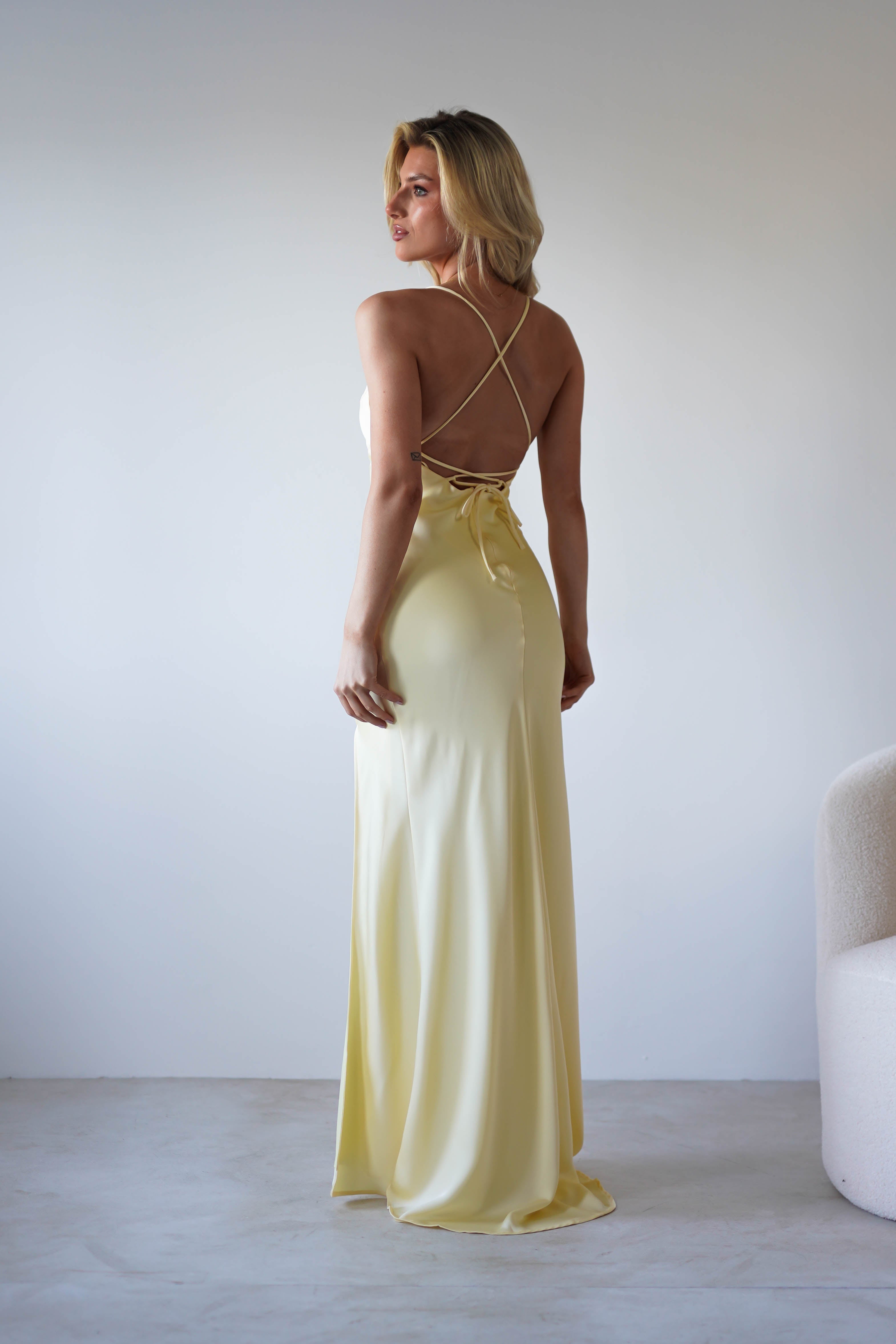 Elsa Matte Satin Maxi Gown - Elegant Yellow Evening Dress for Women | Perfect for Prom, Wedding Guest & Formal Events