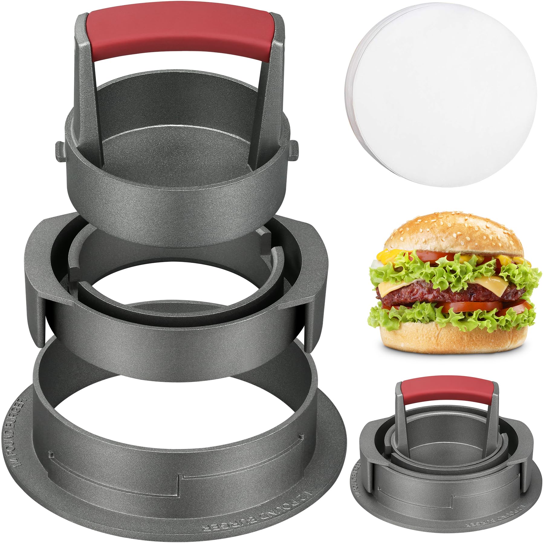 3-in-1 Heavy Duty Burger Press Patty Maker - Adjustable Hamburger Mold for 1/2, 1/3 & 1/4 lb Patties - Non-Stick with 100 Patty Papers - Perfect for BBQ, Picnics & Home Grilling