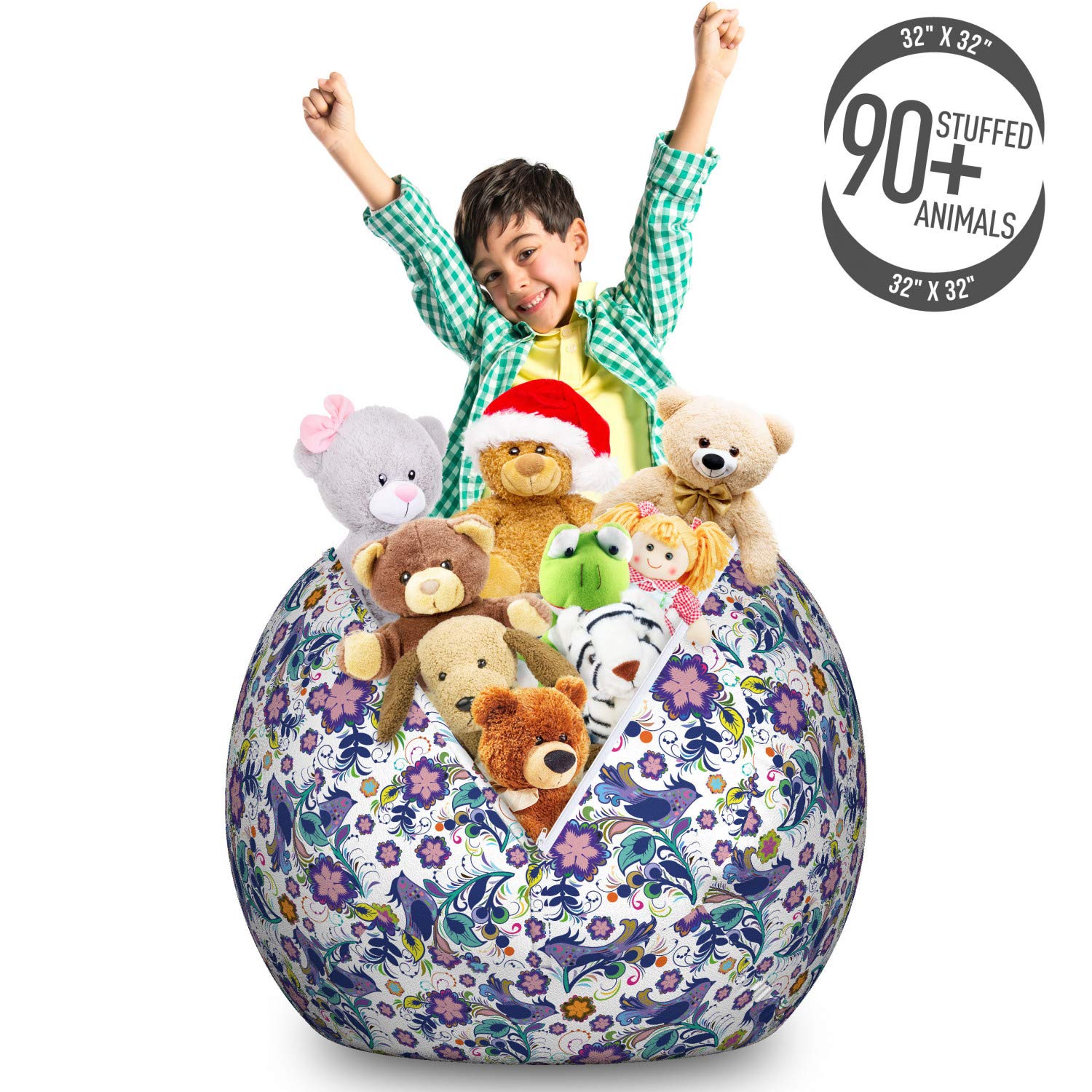 Ambesonne Floral Storage Toy Bag Chair - Large Washable Organizer with Colorful Abstract Flowers & Bird Pattern - Perfect for Kids' Room, Nursery, and Playroom Organization