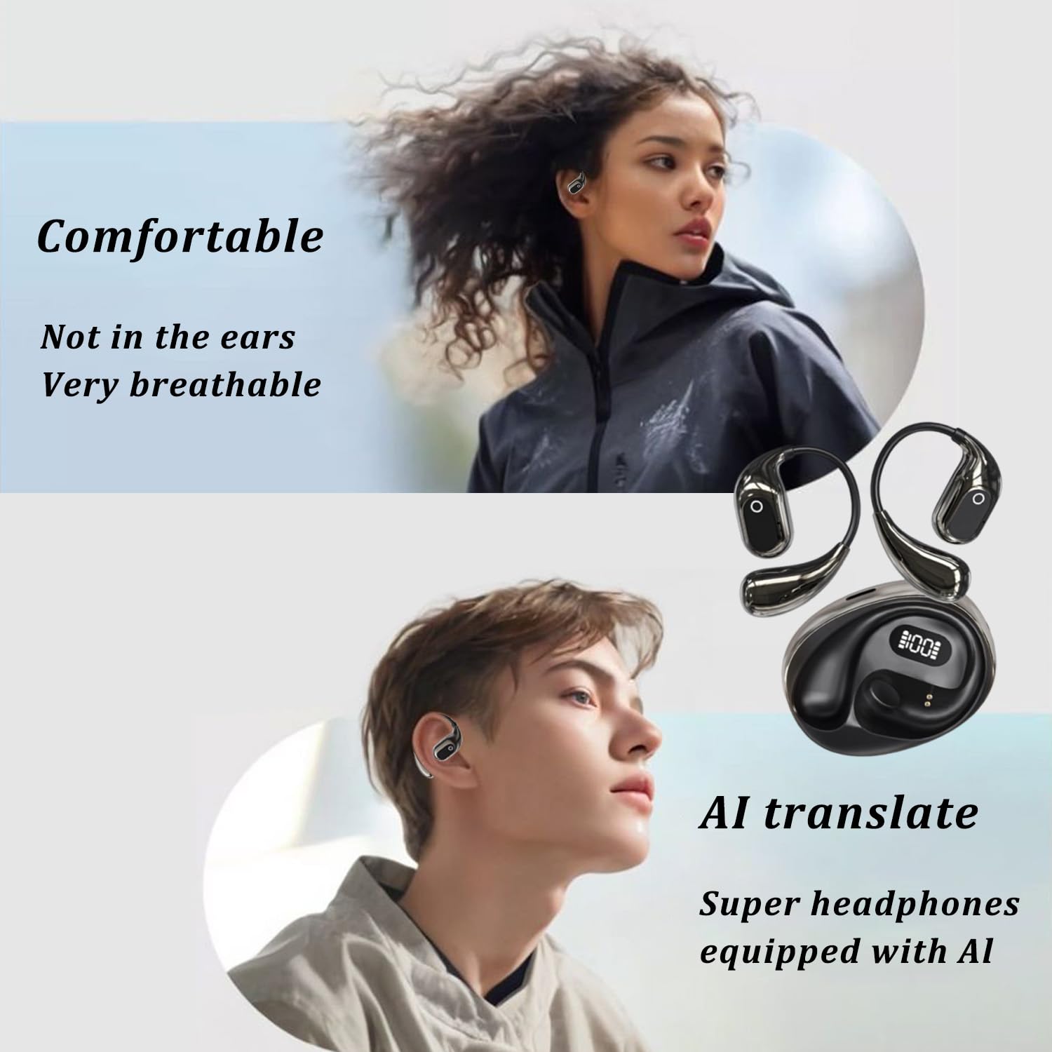 AI Translation Headphones - 138 Language Real-Time Bluetooth Earbuds with Open Air Design | Perfect for Travel, Business Meetings & Language Learning (Black)