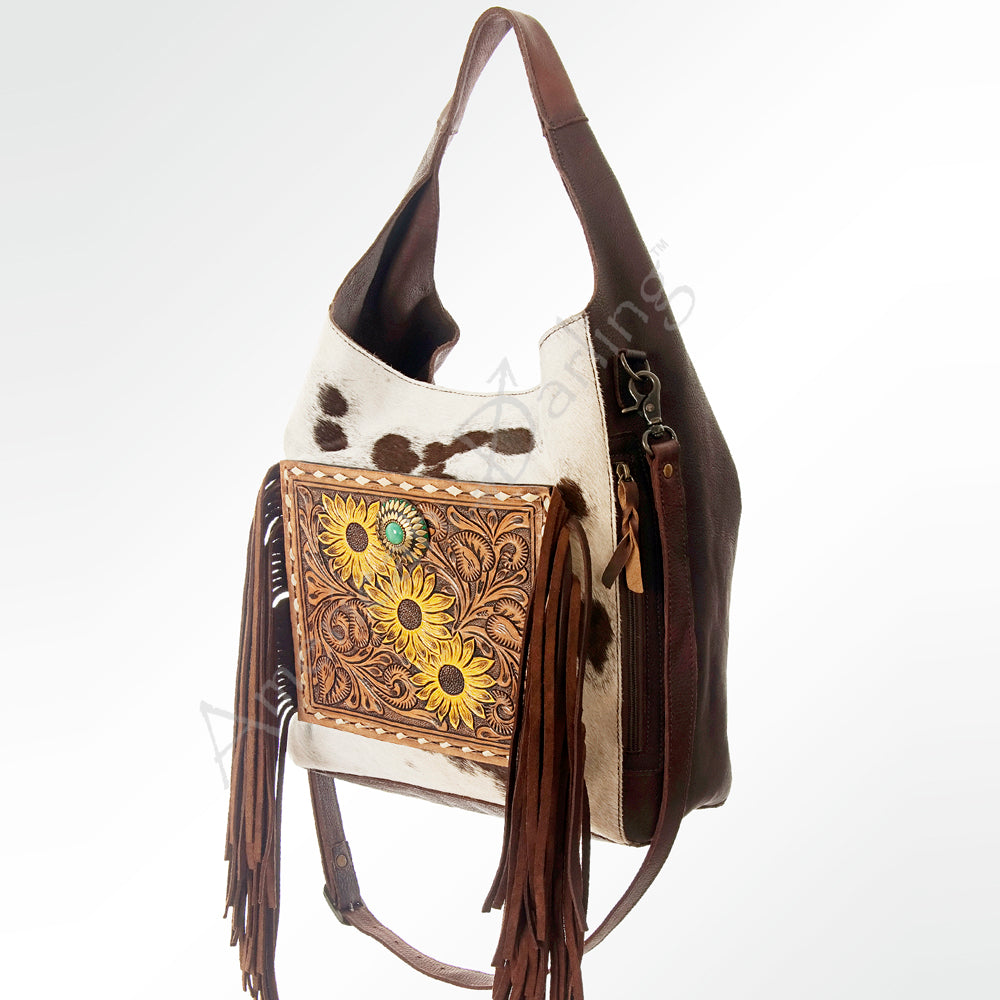 Genuine Leather Women's Western Handbag - American Darling Hand-Tooled Hair-On Cowhide Purse for Casual & Country Style Outfits